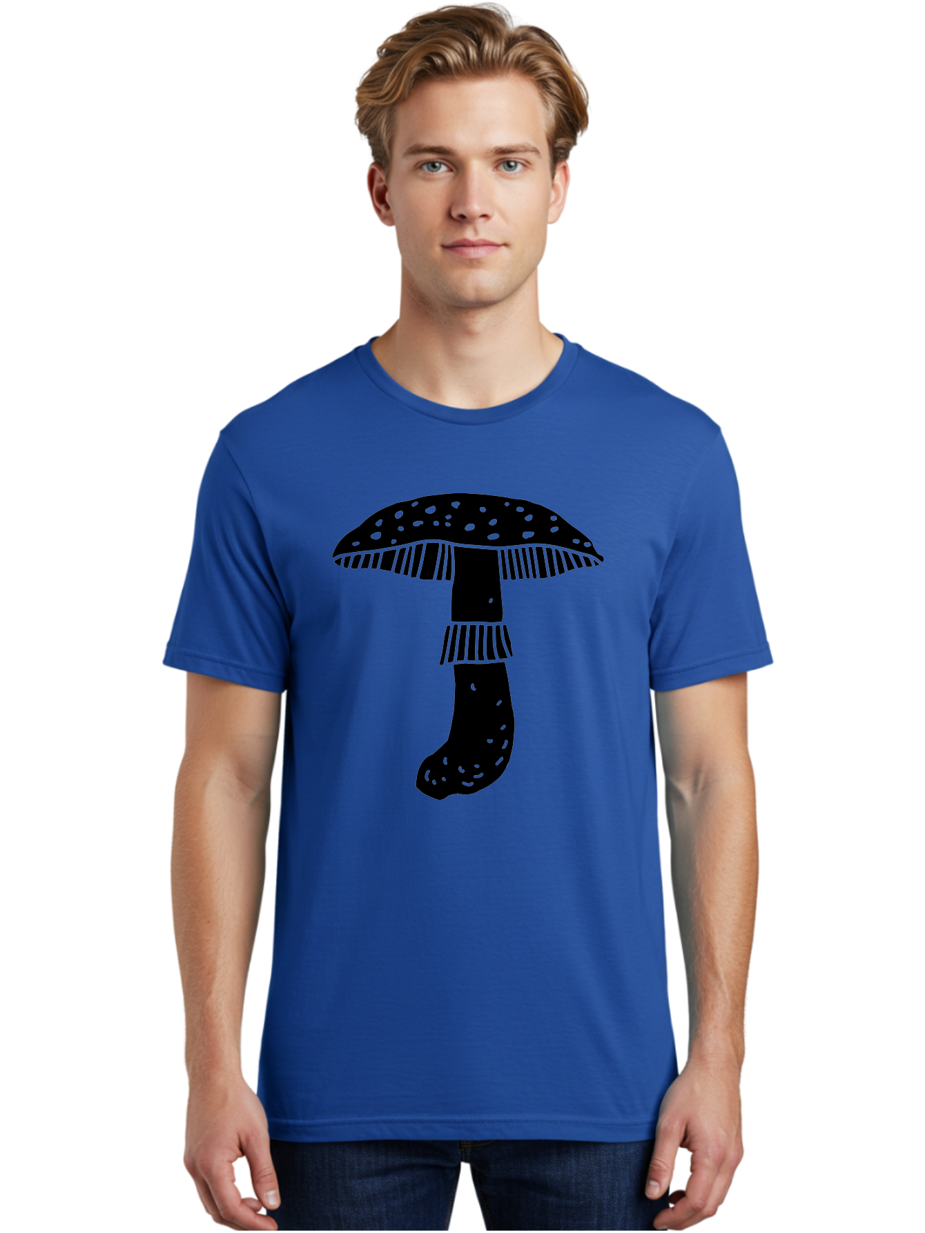 Mushroom-1 Men'S Graphic Tee, 100% Cotton, Comfortable Casual Summer Wear, Machine Washable, Mushroom Illustration, Black Silhouette, Spotted Cap, Striped Stem, Fungal Art, Whimsical Design, Fantasy Elements, Graphic Design - Aaa605 26