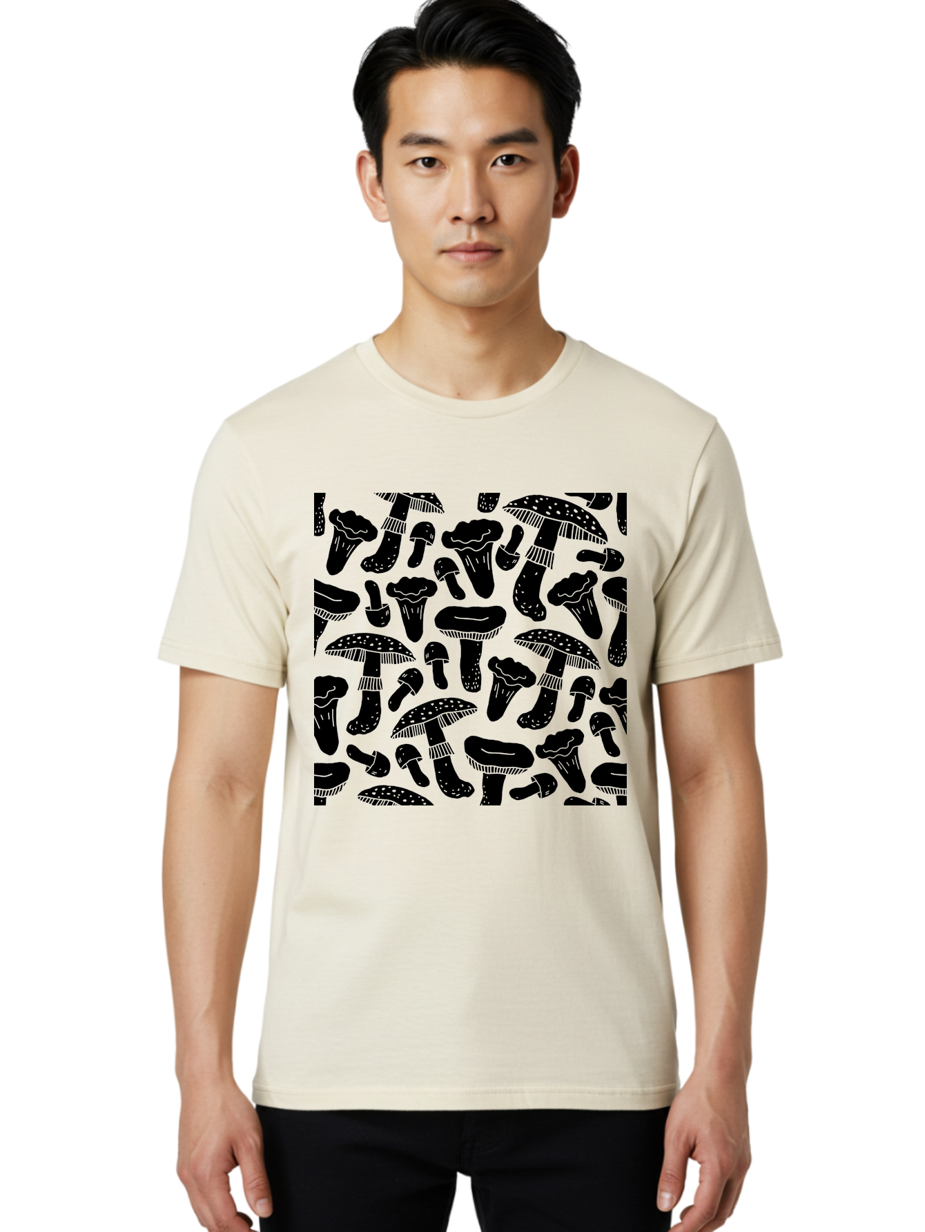 Mushroom-Pattern Men'S Graphic Tee, 100% Cotton, Comfortable Casual Summer Wear, Machine Washable, Mushroom Patterns, Fantasy Fungi, Black Silhouettes, Detailed Illustrations, Whimsical Design, Stylized Mushrooms, Nature-Inspired Art, - Aaa607 18