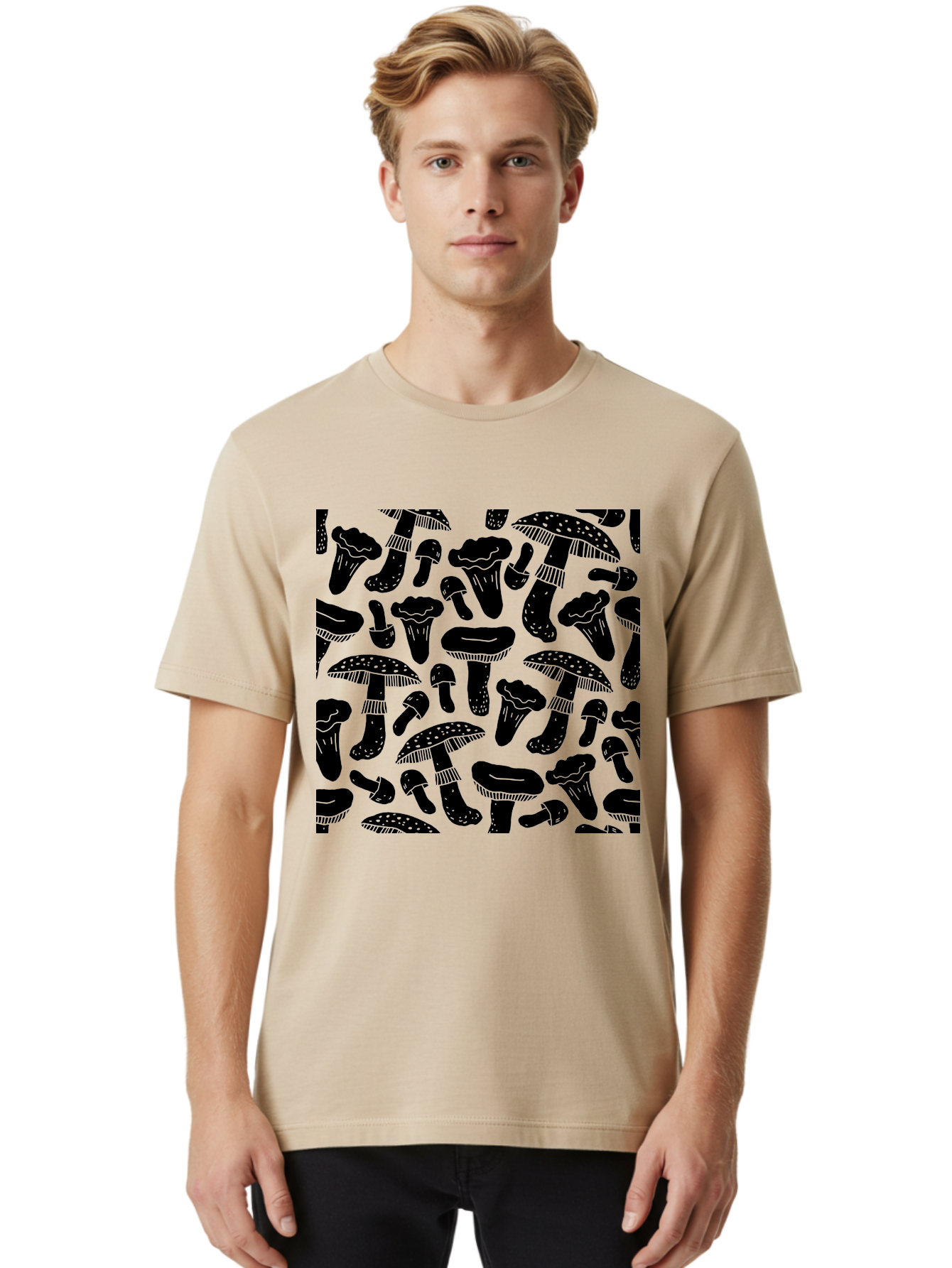 Mushroom-Pattern Men'S Graphic Tee, 100% Cotton, Comfortable Casual Summer Wear, Machine Washable, Mushroom Patterns, Fantasy Fungi, Black Silhouettes, Detailed Illustrations, Whimsical Design, Stylized Mushrooms, Nature-Inspired Art, - Aaa607 28