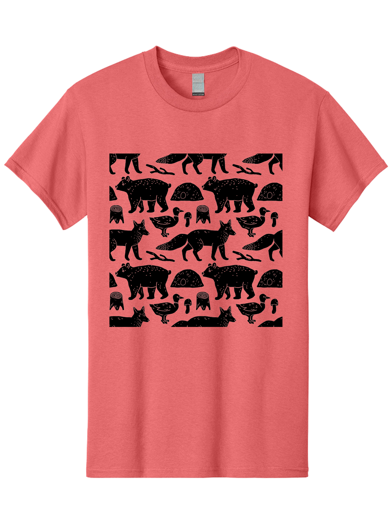 Woodland-Animal-Pattern Men'S Graphic Tee, 100% Cotton, Comfortable Casual Summer Wear, Machine Washable, Black Silhouettes Of Bears, Foxes, Birds, Mushrooms, Branches, Forest Creatures, Wildlife Pattern, Nature Design, Forest Theme, - Aaa618 3