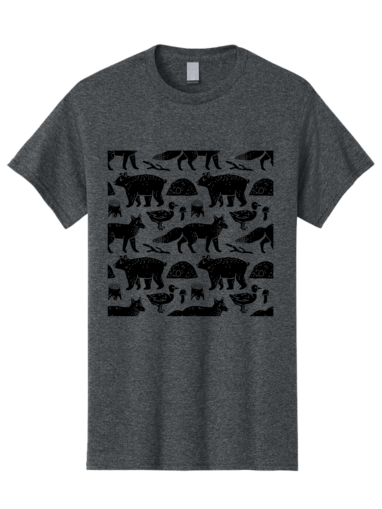 Woodland-Animal-Pattern Men'S Graphic Tee, 100% Cotton, Comfortable Casual Summer Wear, Machine Washable, Black Silhouettes Of Bears, Foxes, Birds, Mushrooms, Branches, Forest Creatures, Wildlife Pattern, Nature Design, Forest Theme, - Aaa618 17