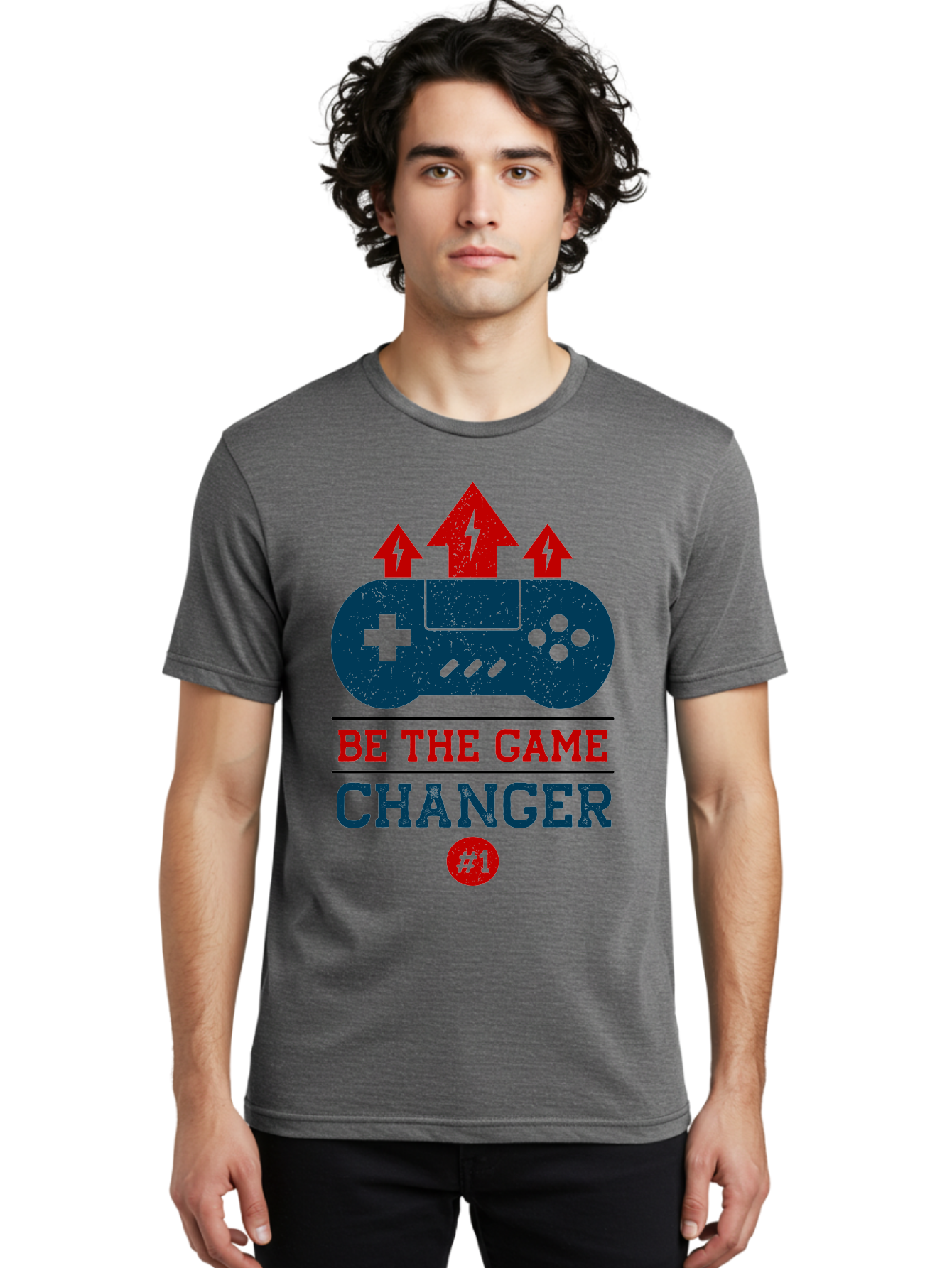 Be-The-Game-Changer Men'S Graphic Tee, 100% Cotton, Comfortable Casual Summer Wear, Machine Washable, Gaming Inspiration, Motivational Quote, Game Changer, Video Game Controller, Red And Blue Colors, Arrows Pointing Up, Positive Energy, - Aaa620 18