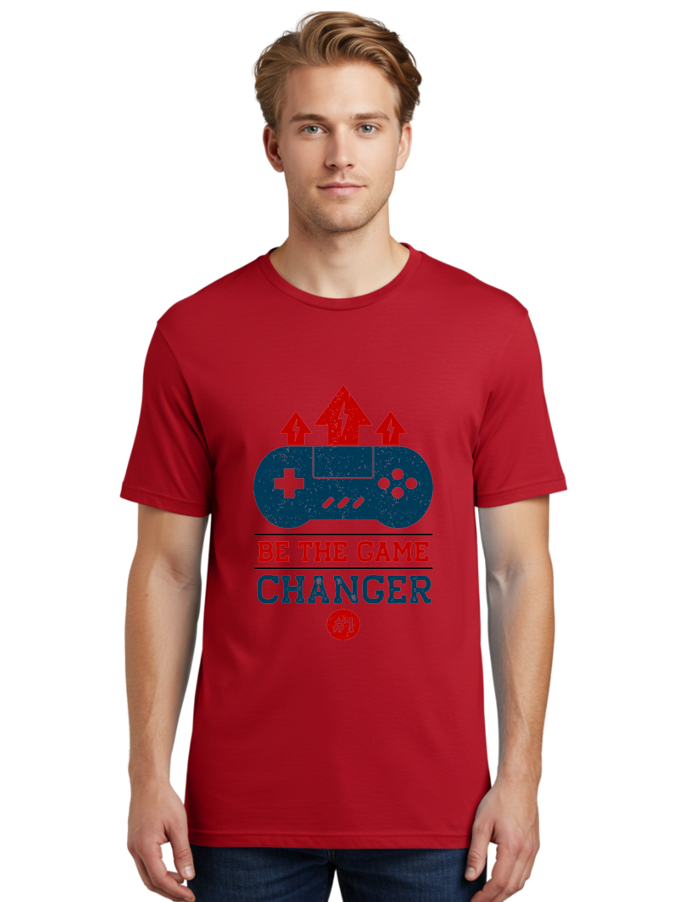 Be-The-Game-Changer Men'S Graphic Tee, 100% Cotton, Comfortable Casual Summer Wear, Machine Washable, Gaming Inspiration, Motivational Quote, Game Changer, Video Game Controller, Red And Blue Colors, Arrows Pointing Up, Positive Energy, - Aaa620 24