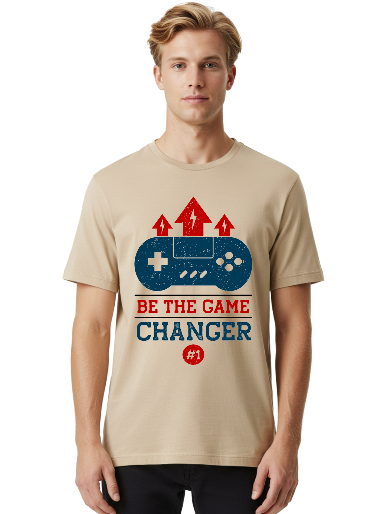 Be-The-Game-Changer Men'S Graphic Tee, 100% Cotton, Comfortable Casual Summer Wear, Machine Washable, Gaming Inspiration, Motivational Quote, Game Changer, Video Game Controller, Red And Blue Colors, Arrows Pointing Up, Positive Energy, - Aaa620 28