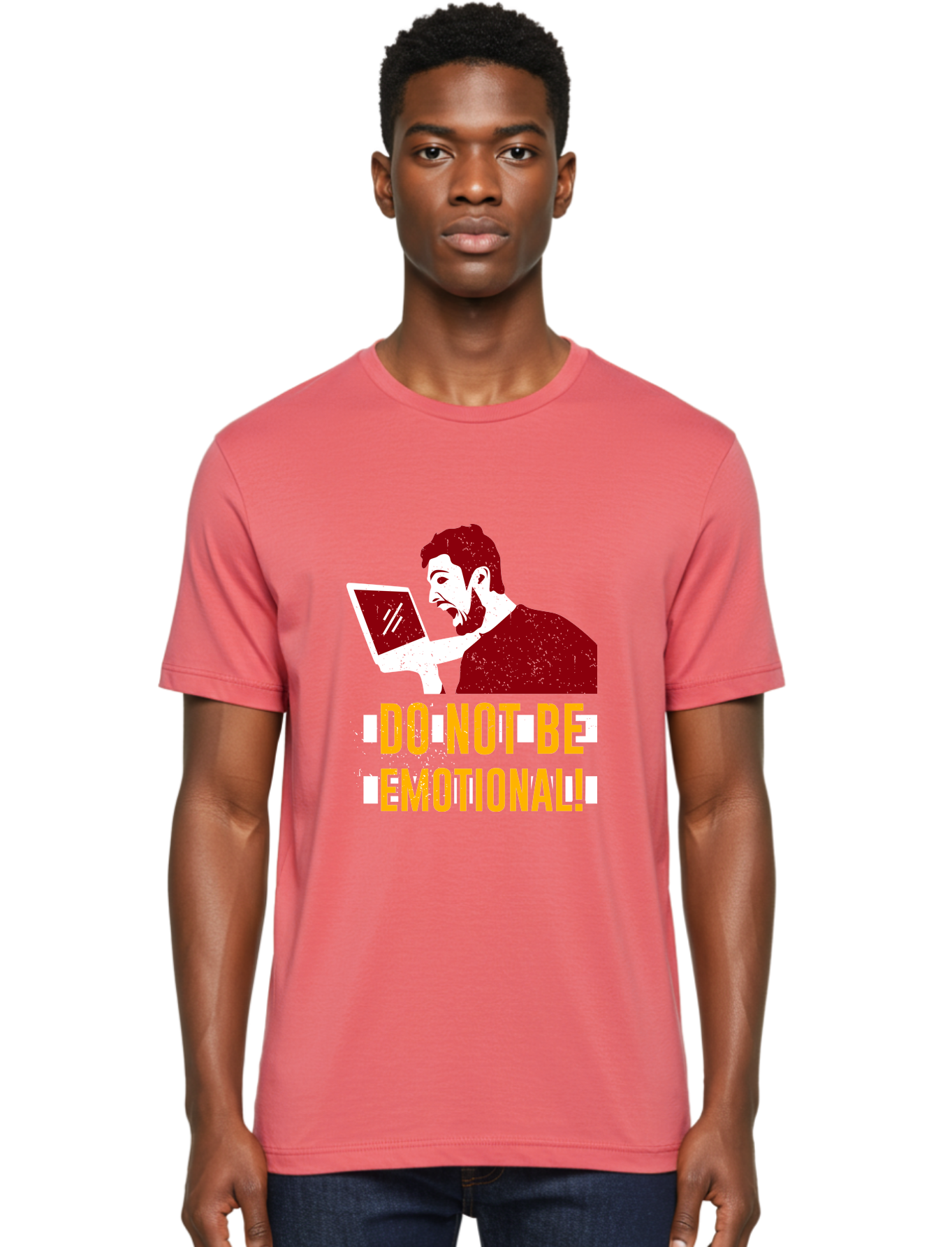 Do-Not-Be-Emotional Men'S Graphic Tee, 100% Cotton, Comfortable Casual Summer Wear, Machine Washable, Man Using Laptop, Shocked Expression, Emotional Response, Warning Message, Motivational Quote, Self-Control Reminder, Online Interaction - Aaa622 6