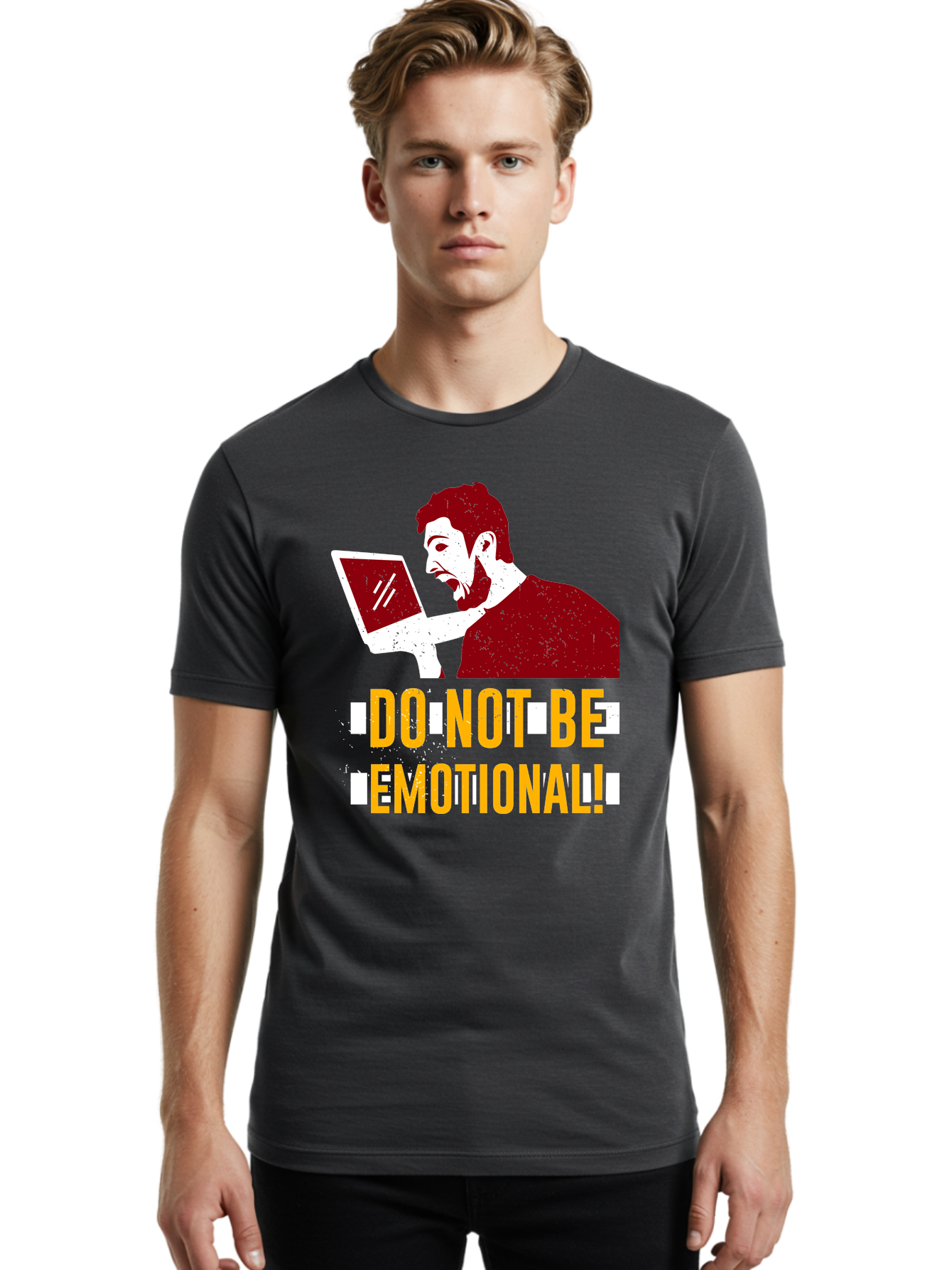 Do-Not-Be-Emotional Men'S Graphic Tee, 100% Cotton, Comfortable Casual Summer Wear, Machine Washable, Man Using Laptop, Shocked Expression, Emotional Response, Warning Message, Motivational Quote, Self-Control Reminder, Online Interaction - Aaa622 8