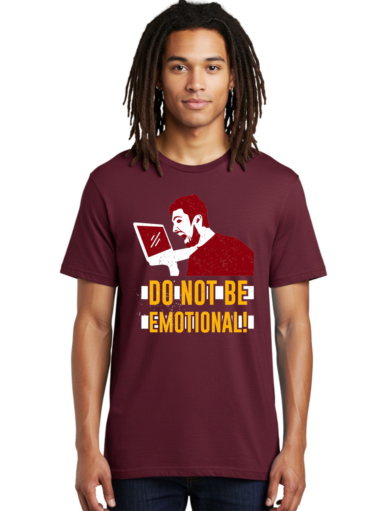Do-Not-Be-Emotional Men'S Graphic Tee, 100% Cotton, Comfortable Casual Summer Wear, Machine Washable, Man Using Laptop, Shocked Expression, Emotional Response, Warning Message, Motivational Quote, Self-Control Reminder, Online Interaction - Aaa622 14