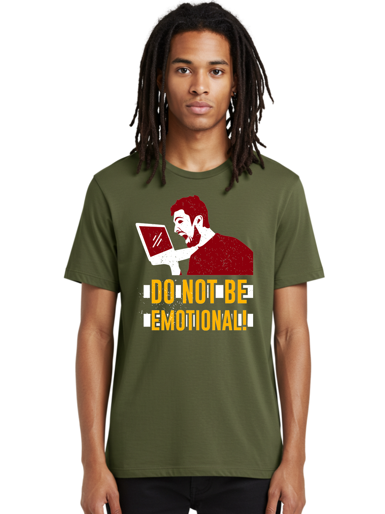 Do-Not-Be-Emotional Men'S Graphic Tee, 100% Cotton, Comfortable Casual Summer Wear, Machine Washable, Man Using Laptop, Shocked Expression, Emotional Response, Warning Message, Motivational Quote, Self-Control Reminder, Online Interaction - Aaa622 16