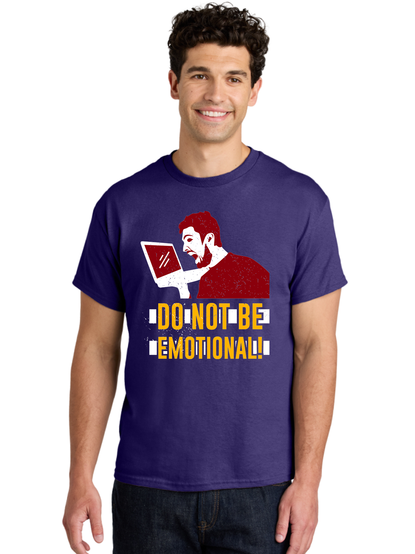 Do-Not-Be-Emotional Men'S Graphic Tee, 100% Cotton, Comfortable Casual Summer Wear, Machine Washable, Man Using Laptop, Shocked Expression, Emotional Response, Warning Message, Motivational Quote, Self-Control Reminder, Online Interaction - Aaa622 22