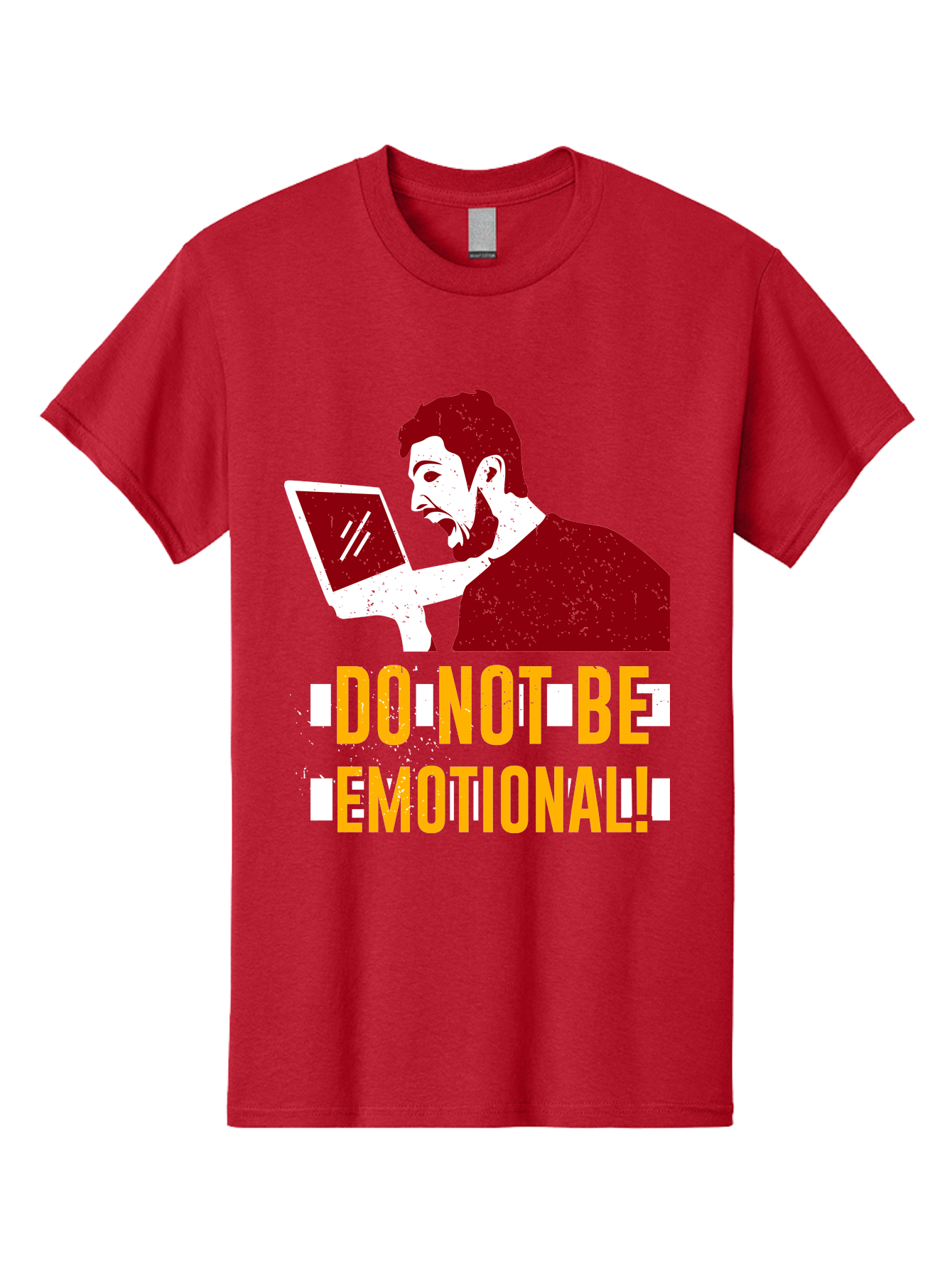 Do-Not-Be-Emotional Men'S Graphic Tee, 100% Cotton, Comfortable Casual Summer Wear, Machine Washable, Man Using Laptop, Shocked Expression, Emotional Response, Warning Message, Motivational Quote, Self-Control Reminder, Online Interaction - Aaa622 23