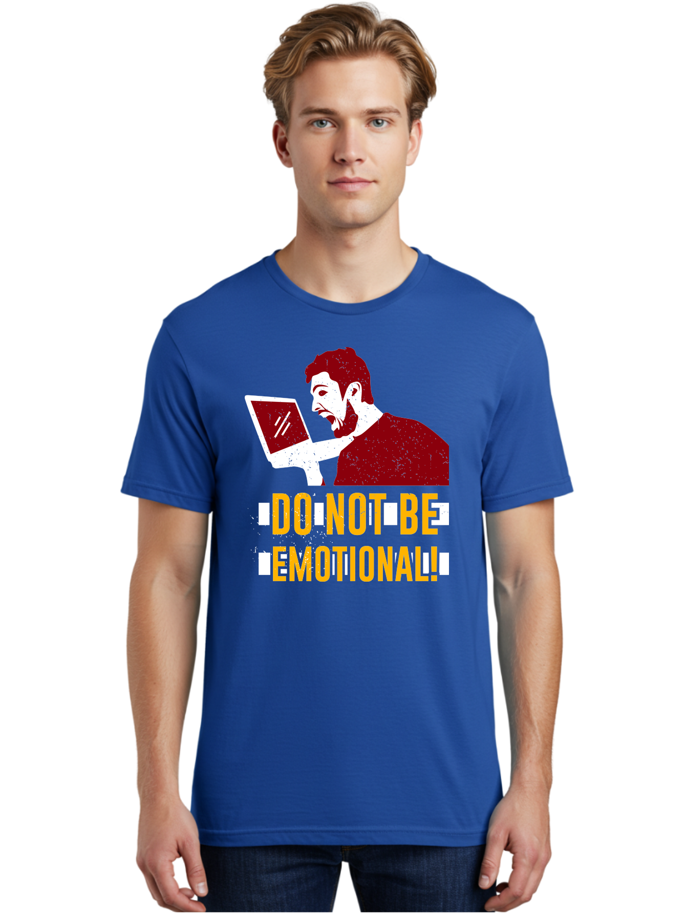 Do-Not-Be-Emotional Men'S Graphic Tee, 100% Cotton, Comfortable Casual Summer Wear, Machine Washable, Man Using Laptop, Shocked Expression, Emotional Response, Warning Message, Motivational Quote, Self-Control Reminder, Online Interaction - Aaa622 26