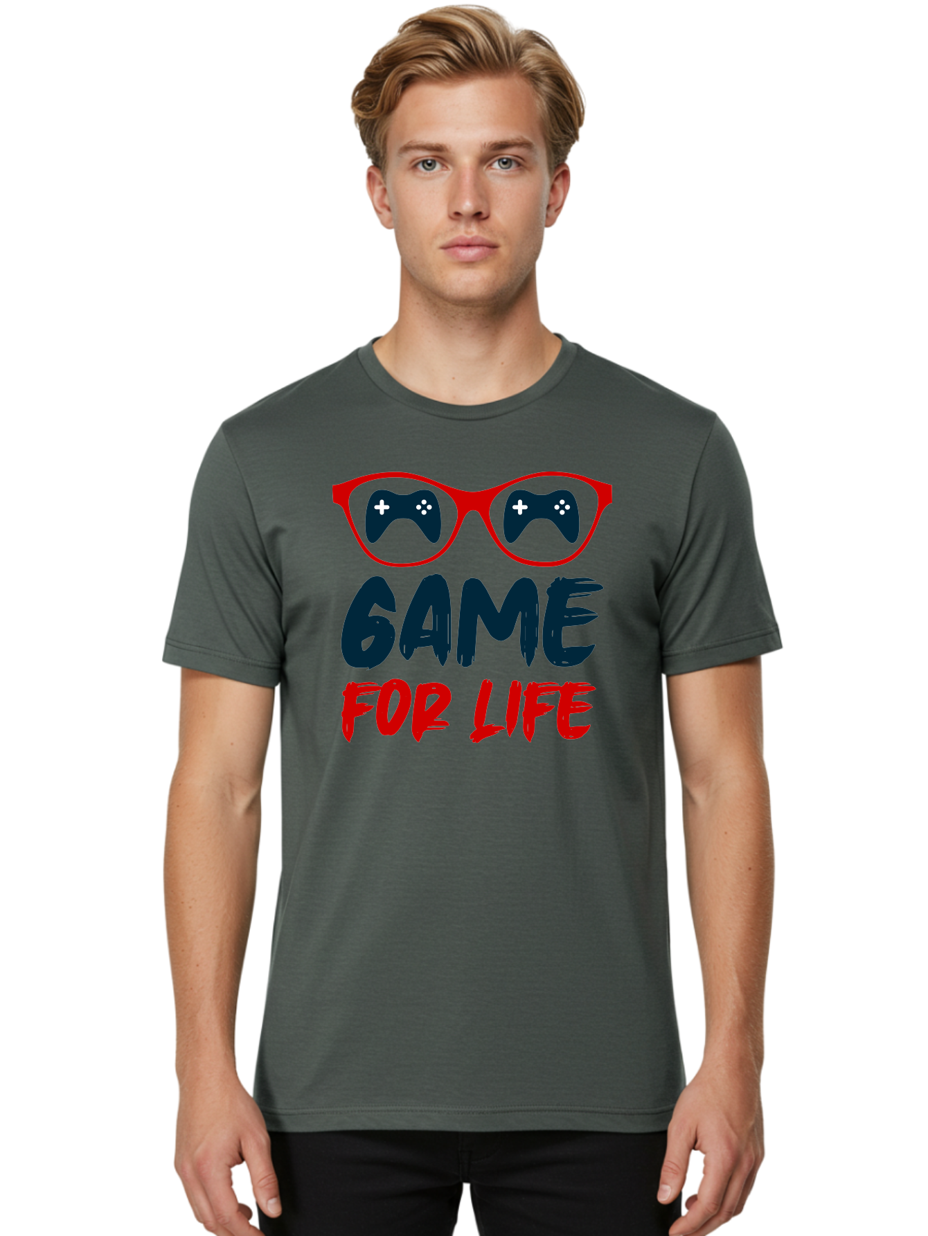 Game-For-Life Men'S Graphic Tee, 100% Cotton, Comfortable Casual Summer Wear, Machine Washable, Gaming Culture, Game Controllers, Video Games, Gamer Lifestyle, Game For Life, Gaming Community, Fun, Entertainment, Red Glasses - Aaa630 24