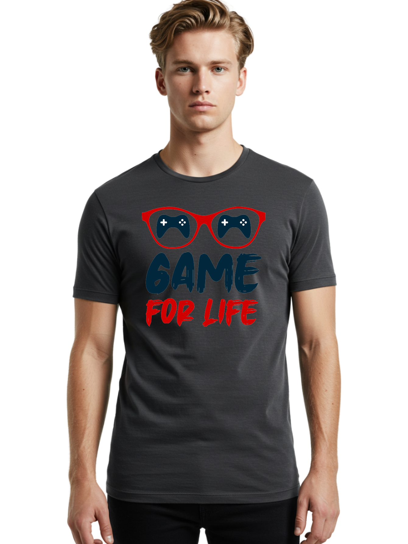 Game-For-Life Men'S Graphic Tee, 100% Cotton, Comfortable Casual Summer Wear, Machine Washable, Gaming Culture, Game Controllers, Video Games, Gamer Lifestyle, Game For Life, Gaming Community, Fun, Entertainment, Red Glasses - Aaa630 22