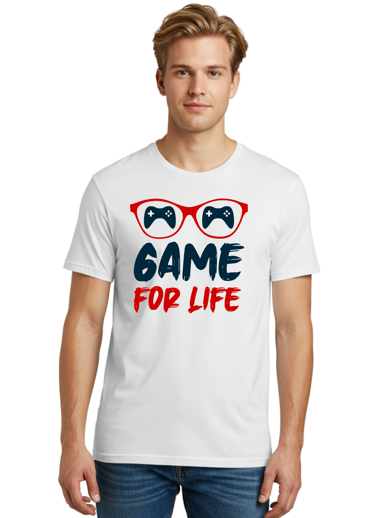 Game-For-Life Men'S Graphic Tee, 100% Cotton, Comfortable Casual Summer Wear, Machine Washable, Gaming Culture, Game Controllers, Video Games, Gamer Lifestyle, Game For Life, Gaming Community, Fun, Entertainment, Red Glasses - Aaa630 16
