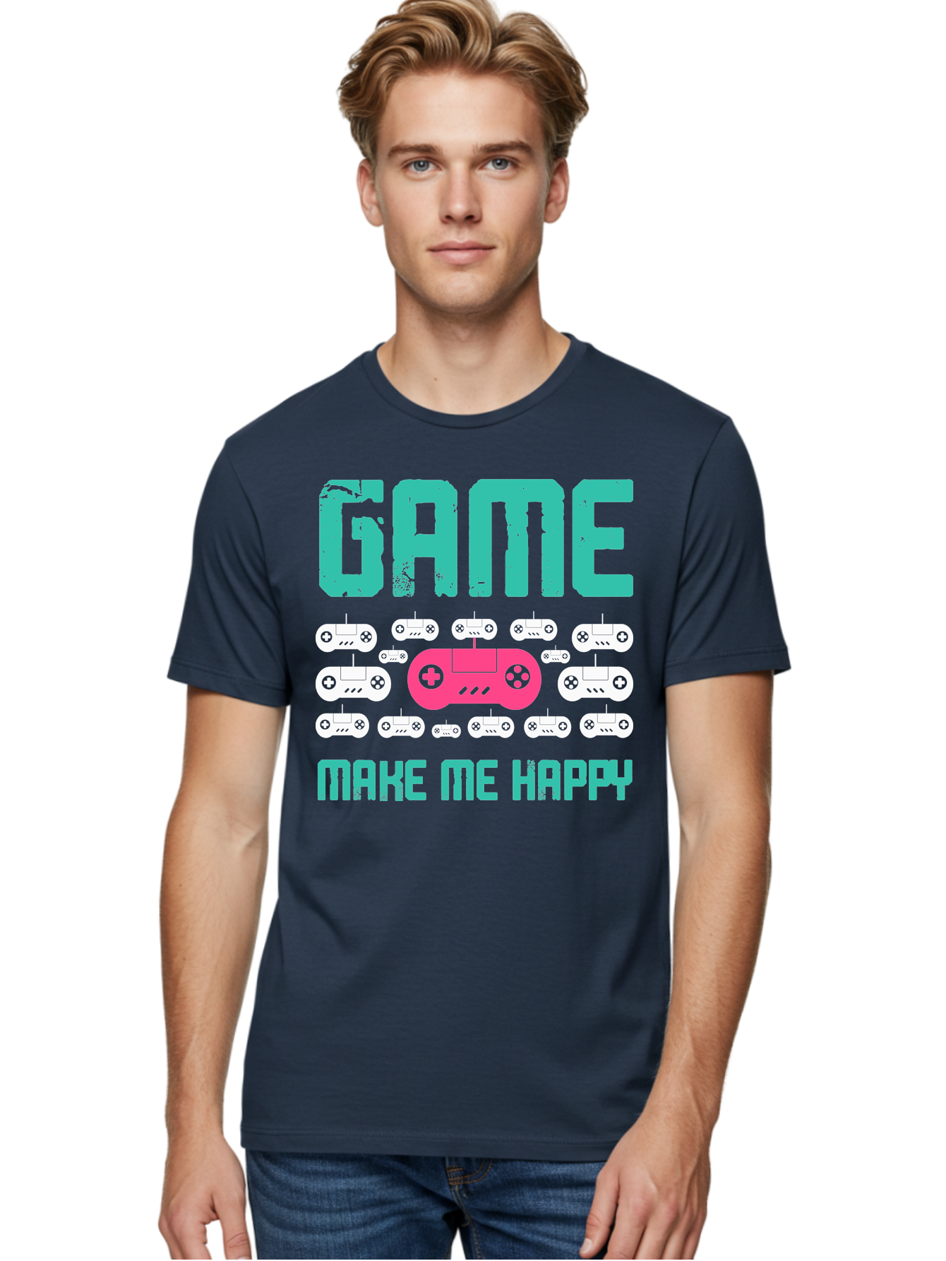 Game-Make-Me-Happy Men'S Graphic Tee, 100% Cotton, Comfortable Casual Summer Wear, Machine Washable, Gaming Controller, Gamepad, Video Games, Gaming Accessories, Positive Vibes, Happiness, Gaming, Make Me Happy - Aaa631 2