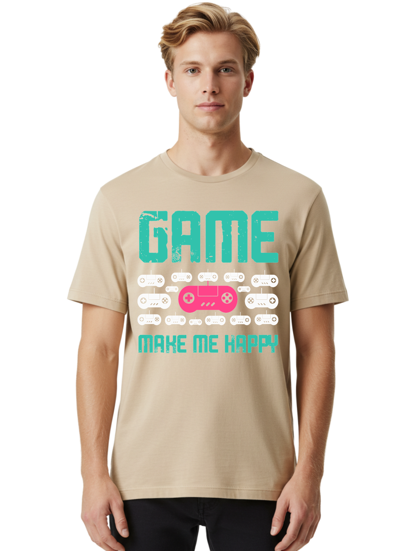 Game-Make-Me-Happy Men'S Graphic Tee, 100% Cotton, Comfortable Casual Summer Wear, Machine Washable, Gaming Controller, Gamepad, Video Games, Gaming Accessories, Positive Vibes, Happiness, Gaming, Make Me Happy - Aaa631 28