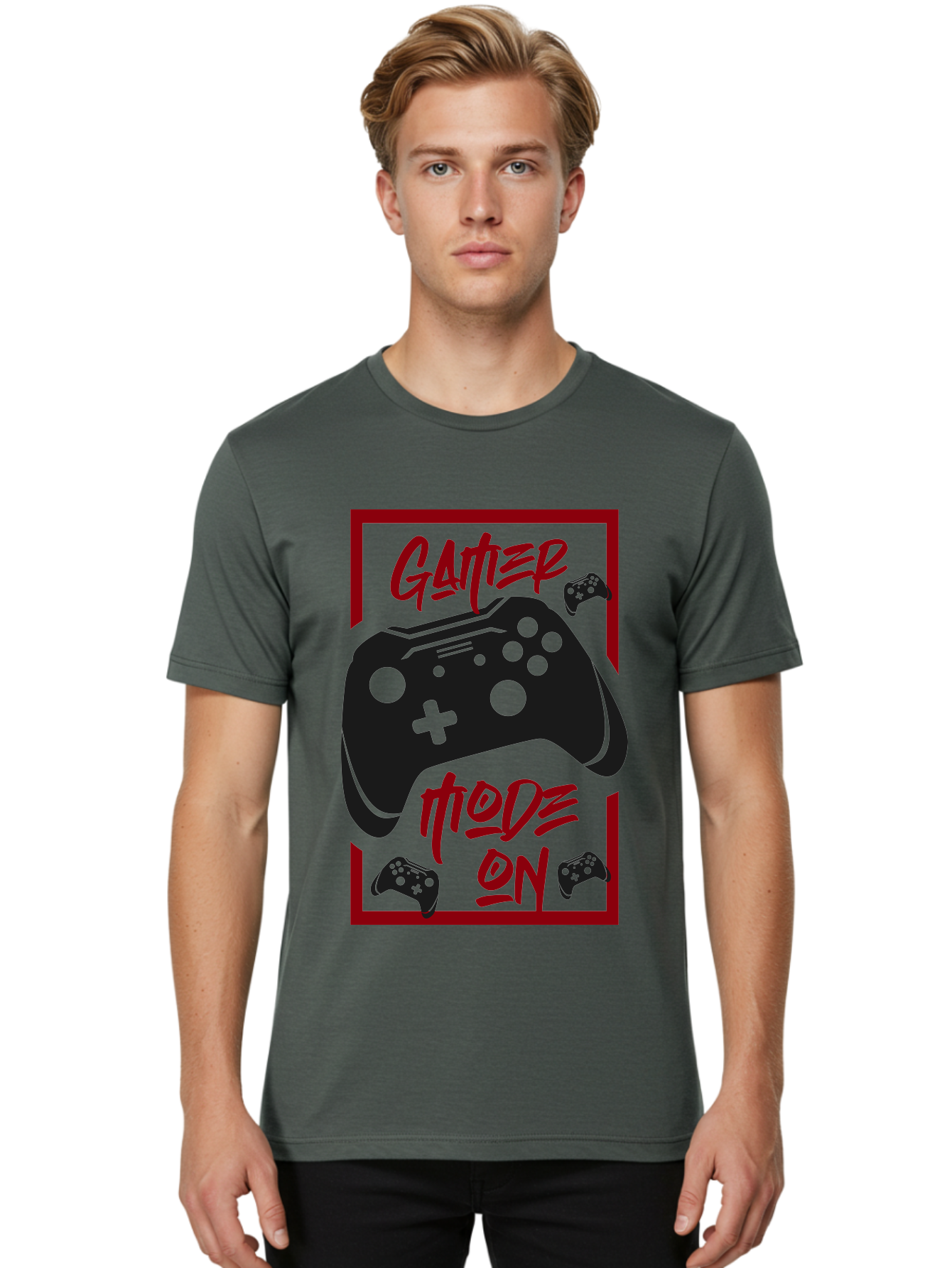 Gamer-Mode-On Men'S Graphic Tee, 100% Cotton, Comfortable Casual Summer Wear, Machine Washable, Game Controller, Gaming Graphics, Video Game Console, Game Mode On, Gather Mode, Gamer Culture, Gaming Community, Game On, Red And Green Design - Aaa634 24