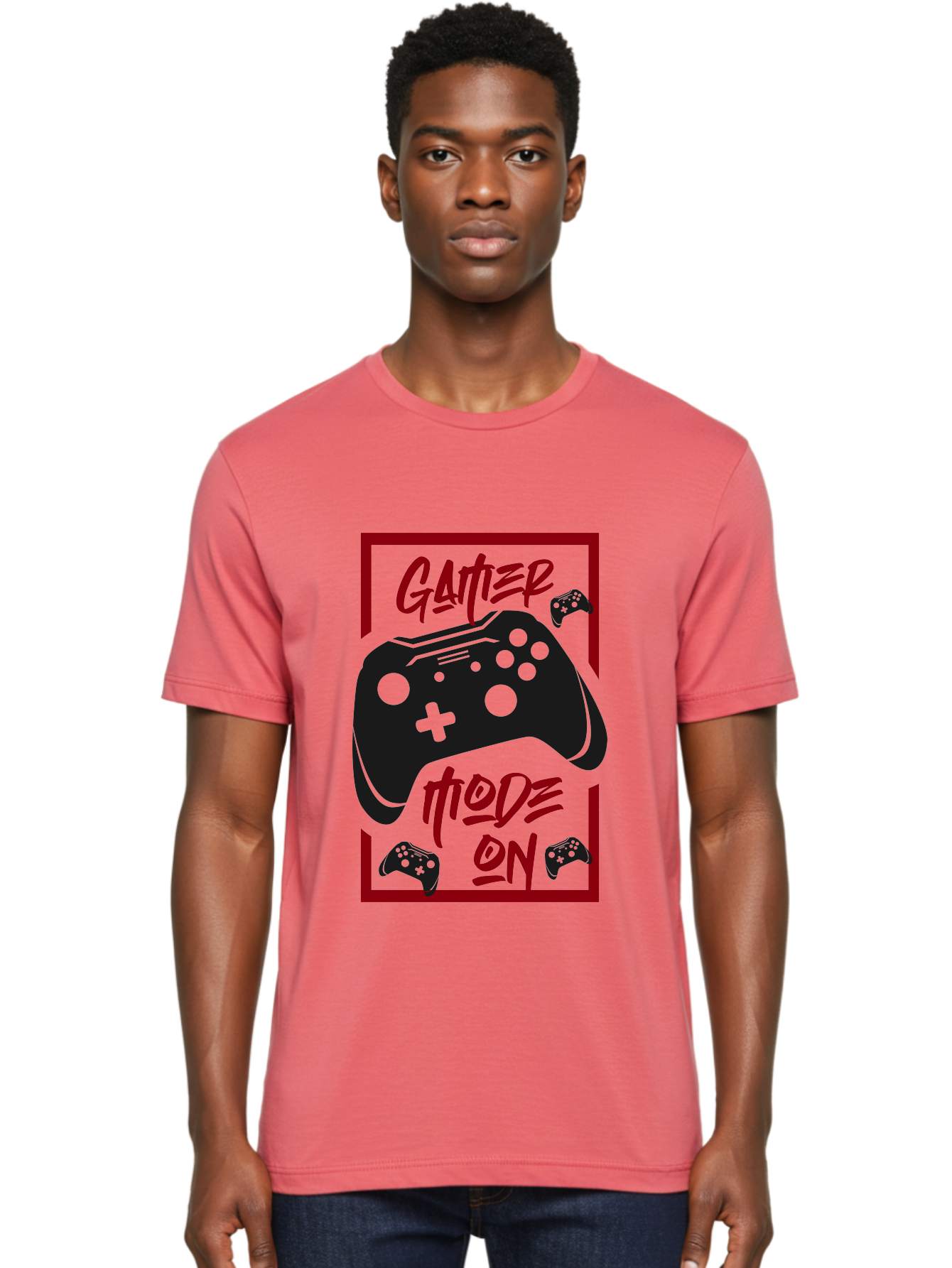Gamer-Mode-On Men'S Graphic Tee, 100% Cotton, Comfortable Casual Summer Wear, Machine Washable, Game Controller, Gaming Graphics, Video Game Console, Game Mode On, Gather Mode, Gamer Culture, Gaming Community, Game On, Red And Green Design - Aaa634 26