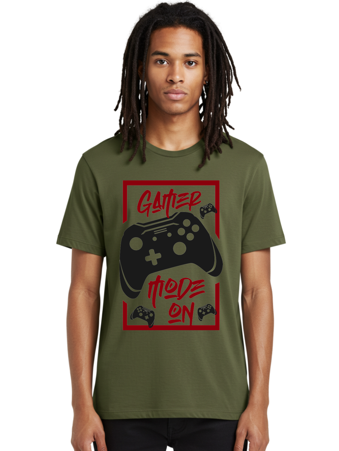 Gamer-Mode-On Men'S Graphic Tee, 100% Cotton, Comfortable Casual Summer Wear, Machine Washable, Game Controller, Gaming Graphics, Video Game Console, Game Mode On, Gather Mode, Gamer Culture, Gaming Community, Game On, Red And Green Design - Aaa634 2