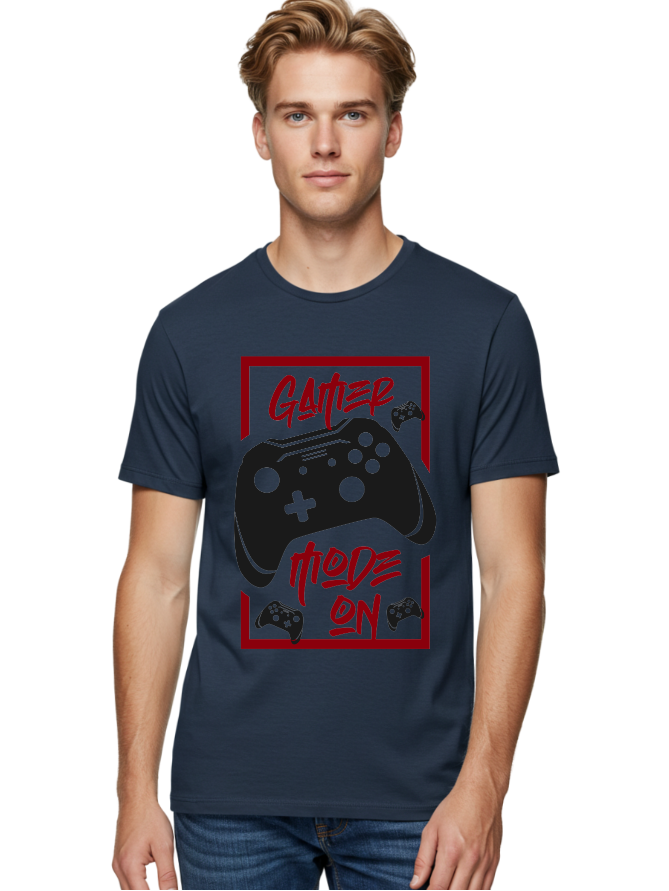 Gamer-Mode-On Men'S Graphic Tee, 100% Cotton, Comfortable Casual Summer Wear, Machine Washable, Game Controller, Gaming Graphics, Video Game Console, Game Mode On, Gather Mode, Gamer Culture, Gaming Community, Game On, Red And Green Design - Aaa634 16
