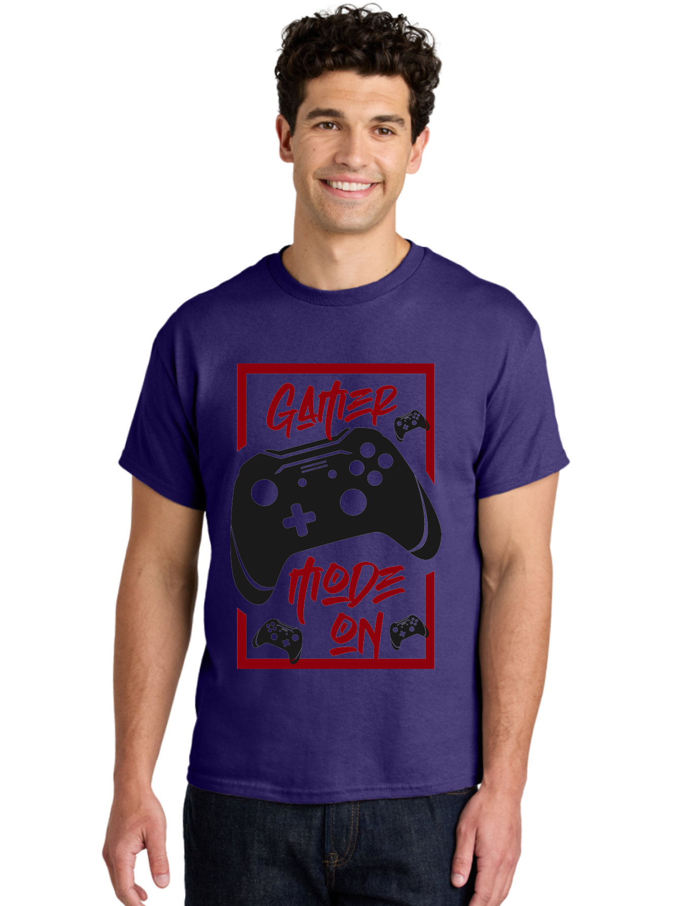 Gamer-Mode-On Men'S Graphic Tee, 100% Cotton, Comfortable Casual Summer Wear, Machine Washable, Game Controller, Gaming Graphics, Video Game Console, Game Mode On, Gather Mode, Gamer Culture, Gaming Community, Game On, Red And Green Design - Aaa634 28