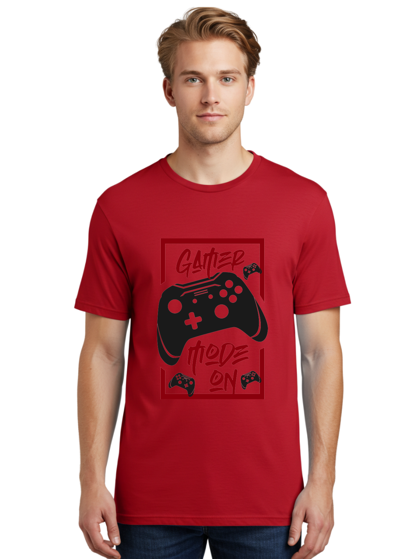 Gamer-Mode-On Men'S Graphic Tee, 100% Cotton, Comfortable Casual Summer Wear, Machine Washable, Game Controller, Gaming Graphics, Video Game Console, Game Mode On, Gather Mode, Gamer Culture, Gaming Community, Game On, Red And Green Design - Aaa634 14