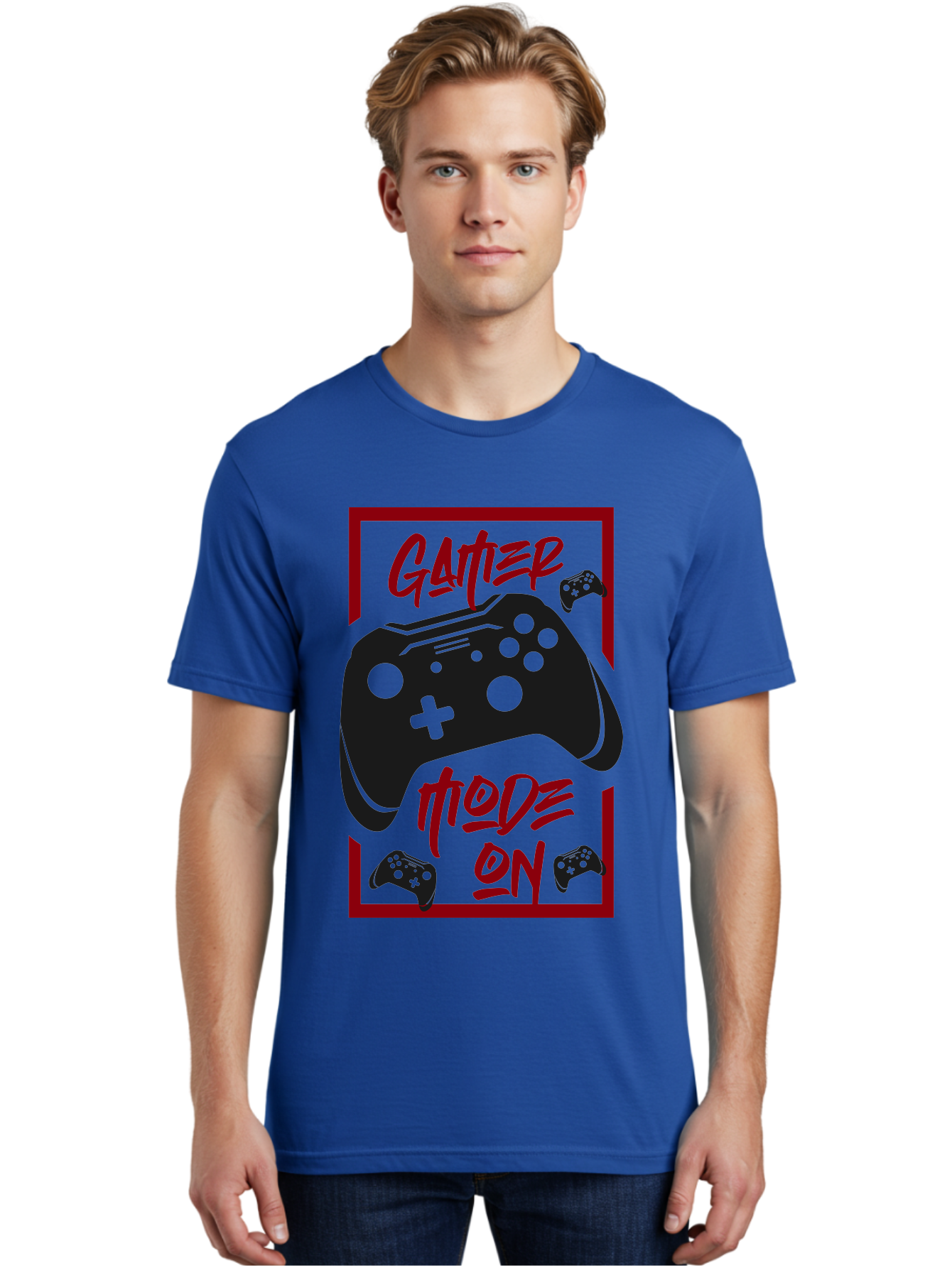 Gamer-Mode-On Men'S Graphic Tee, 100% Cotton, Comfortable Casual Summer Wear, Machine Washable, Game Controller, Gaming Graphics, Video Game Console, Game Mode On, Gather Mode, Gamer Culture, Gaming Community, Game On, Red And Green Design - Aaa634 18
