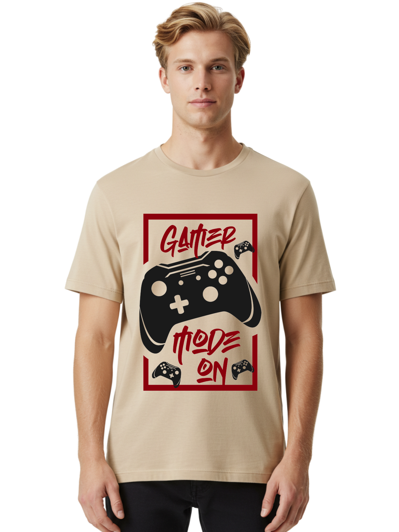 Gamer-Mode-On Men'S Graphic Tee, 100% Cotton, Comfortable Casual Summer Wear, Machine Washable, Game Controller, Gaming Graphics, Video Game Console, Game Mode On, Gather Mode, Gamer Culture, Gaming Community, Game On, Red And Green Design - Aaa634 20