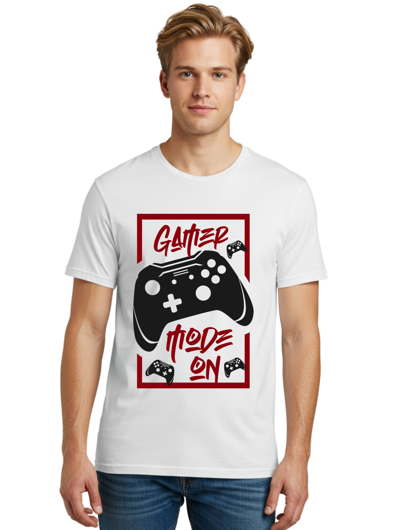 Gamer-Mode-On Men'S Graphic Tee, 100% Cotton, Comfortable Casual Summer Wear, Machine Washable, Game Controller, Gaming Graphics, Video Game Console, Game Mode On, Gather Mode, Gamer Culture, Gaming Community, Game On, Red And Green Design - Aaa634 4