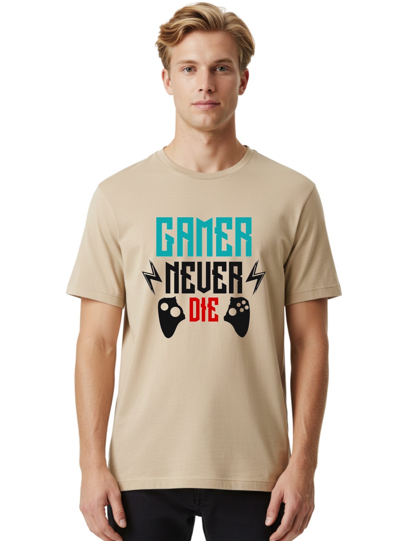 Gamer-Never-Die Men'S Graphic Tee, 100% Cotton, Comfortable Casual Summer Wear, Machine Washable, Gaming Culture, Gaming Controllers, Motivational Quote, Gamer Lifestyle, Video Games, Gaming Community, Game On - Aaa635 16