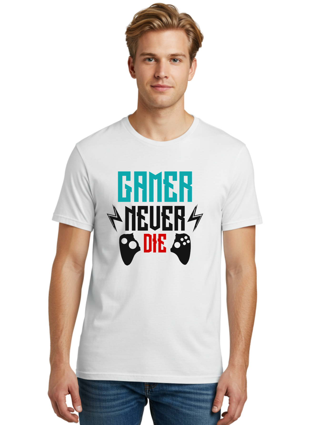 Gamer-Never-Die Men'S Graphic Tee, 100% Cotton, Comfortable Casual Summer Wear, Machine Washable, Gaming Culture, Gaming Controllers, Motivational Quote, Gamer Lifestyle, Video Games, Gaming Community, Game On - Aaa635 6