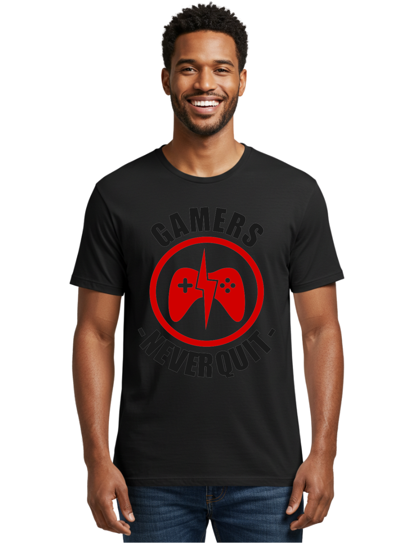 Gamers-Never-Quit Men'S Graphic Tee, 100% Cotton, Comfortable Casual Summer Wear, Machine Washable, Gaming Logo, Red Gamepad Symbol, Bold Typography, Motivational Quote, Never Quit Attitude, Gaming Culture, Gamer Spirit - Aaa638 28