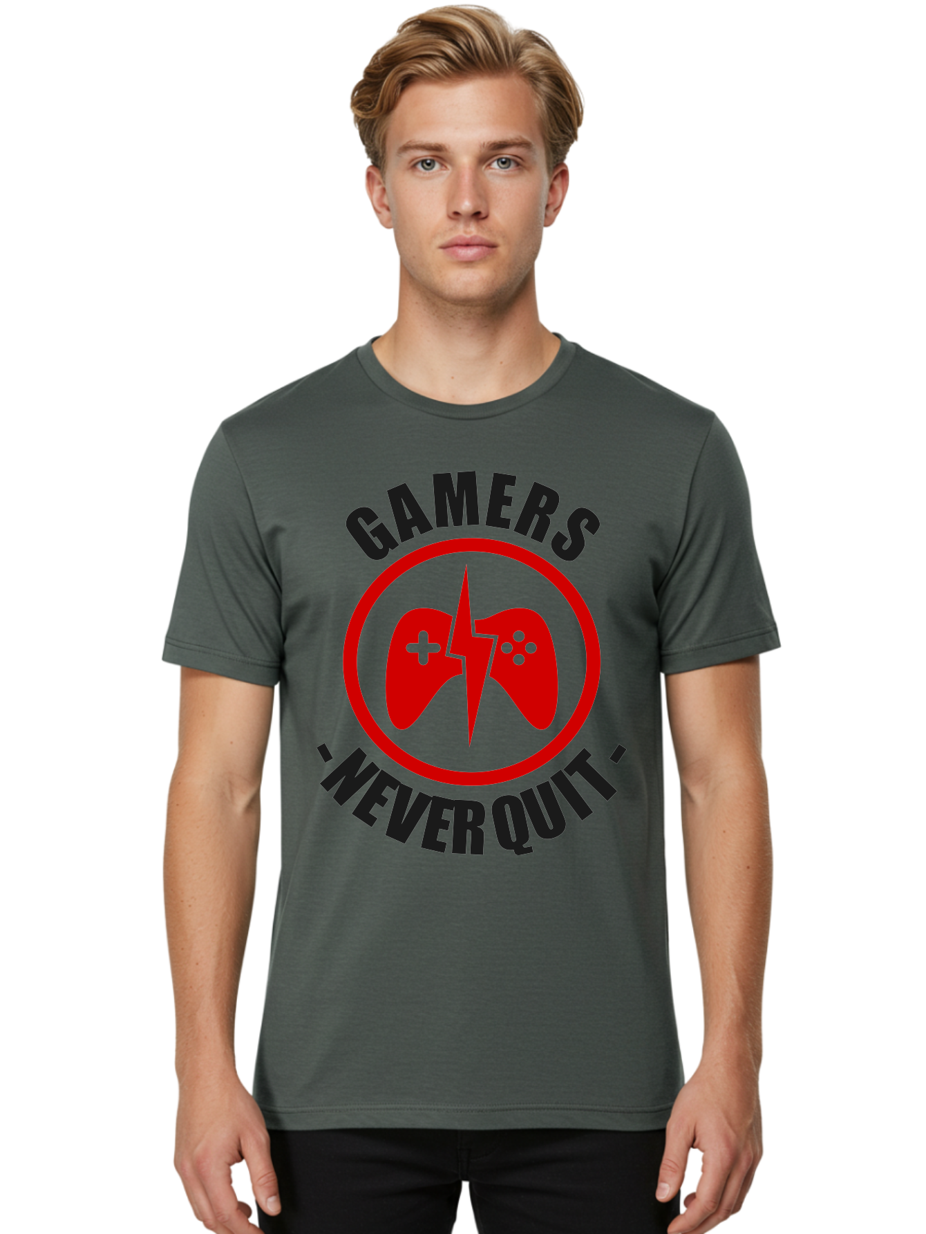 Gamers-Never-Quit Men'S Graphic Tee, 100% Cotton, Comfortable Casual Summer Wear, Machine Washable, Gaming Logo, Red Gamepad Symbol, Bold Typography, Motivational Quote, Never Quit Attitude, Gaming Culture, Gamer Spirit - Aaa638 4