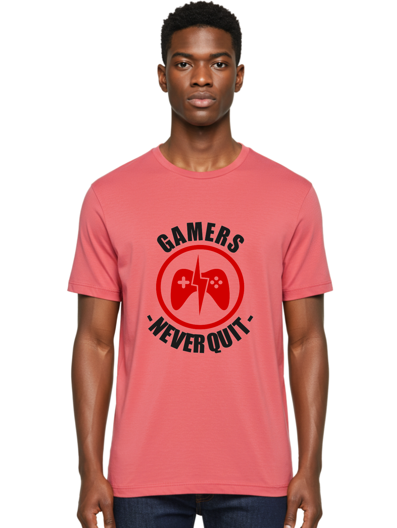 Gamers-Never-Quit Men'S Graphic Tee, 100% Cotton, Comfortable Casual Summer Wear, Machine Washable, Gaming Logo, Red Gamepad Symbol, Bold Typography, Motivational Quote, Never Quit Attitude, Gaming Culture, Gamer Spirit - Aaa638 30