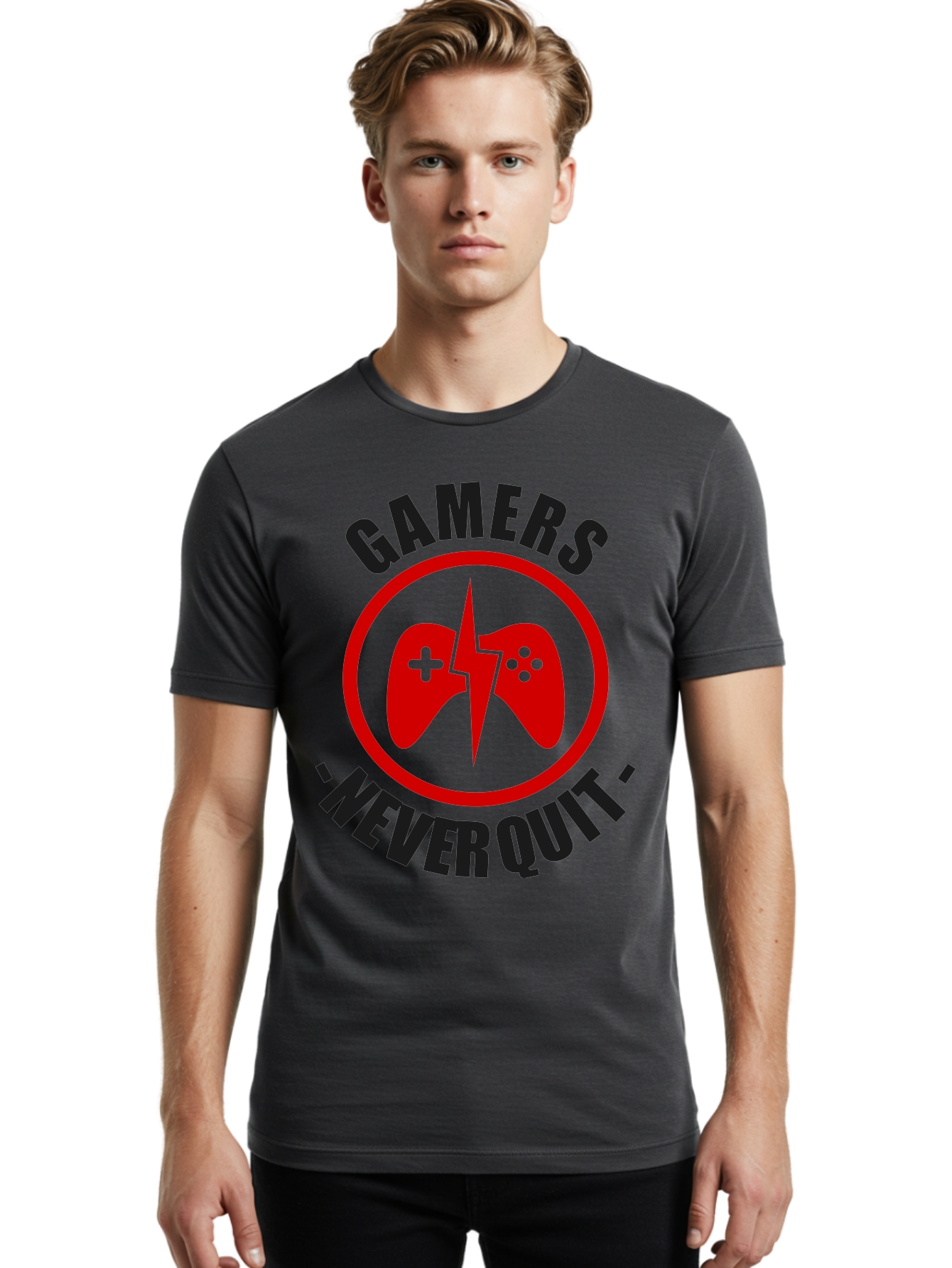 Gamers-Never-Quit Men'S Graphic Tee, 100% Cotton, Comfortable Casual Summer Wear, Machine Washable, Gaming Logo, Red Gamepad Symbol, Bold Typography, Motivational Quote, Never Quit Attitude, Gaming Culture, Gamer Spirit - Aaa638 26