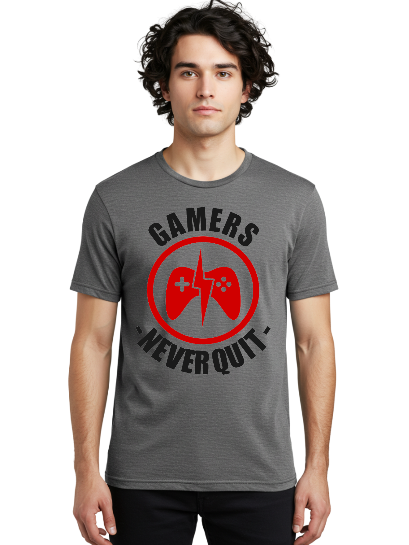Gamers-Never-Quit Men'S Graphic Tee, 100% Cotton, Comfortable Casual Summer Wear, Machine Washable, Gaming Logo, Red Gamepad Symbol, Bold Typography, Motivational Quote, Never Quit Attitude, Gaming Culture, Gamer Spirit - Aaa638 22