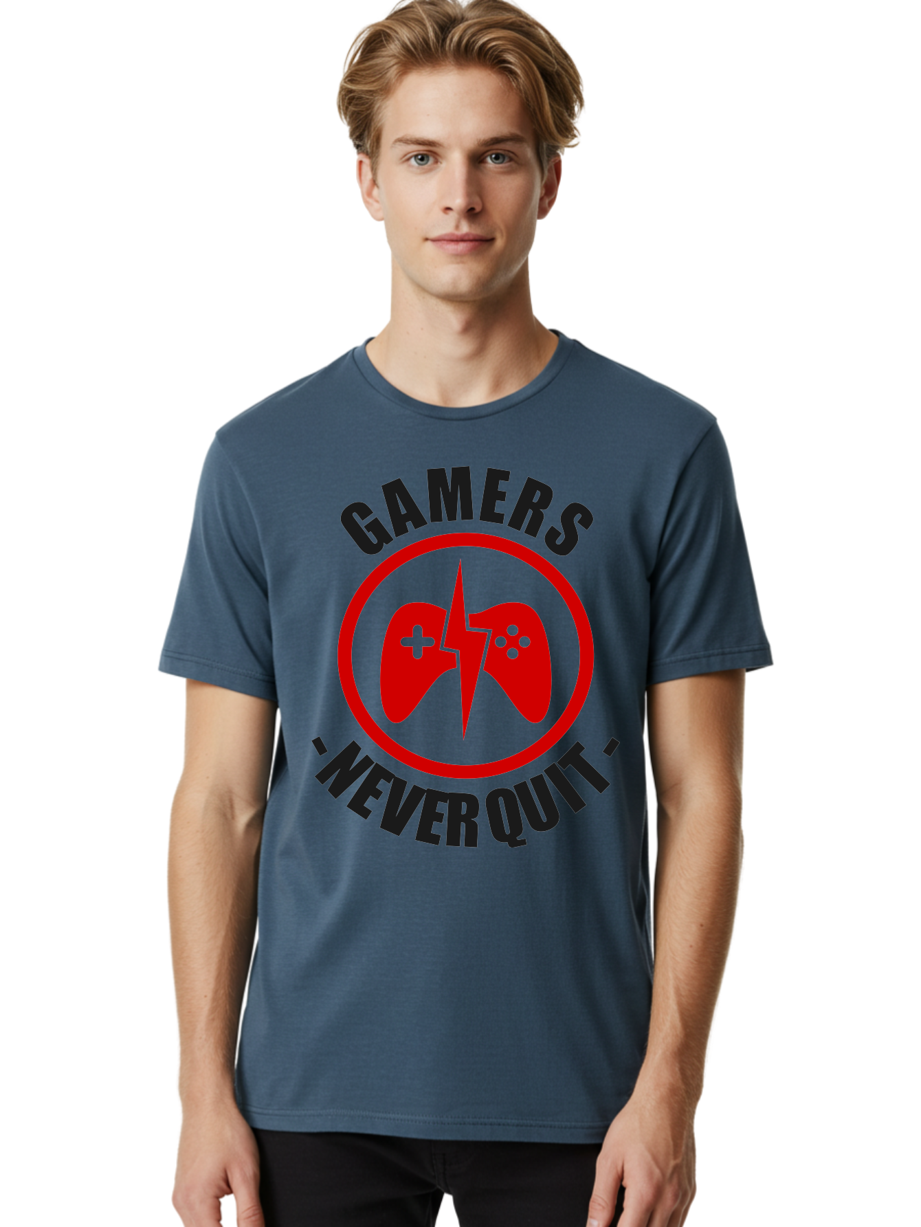 Gamers-Never-Quit Men'S Graphic Tee, 100% Cotton, Comfortable Casual Summer Wear, Machine Washable, Gaming Logo, Red Gamepad Symbol, Bold Typography, Motivational Quote, Never Quit Attitude, Gaming Culture, Gamer Spirit - Aaa638 16