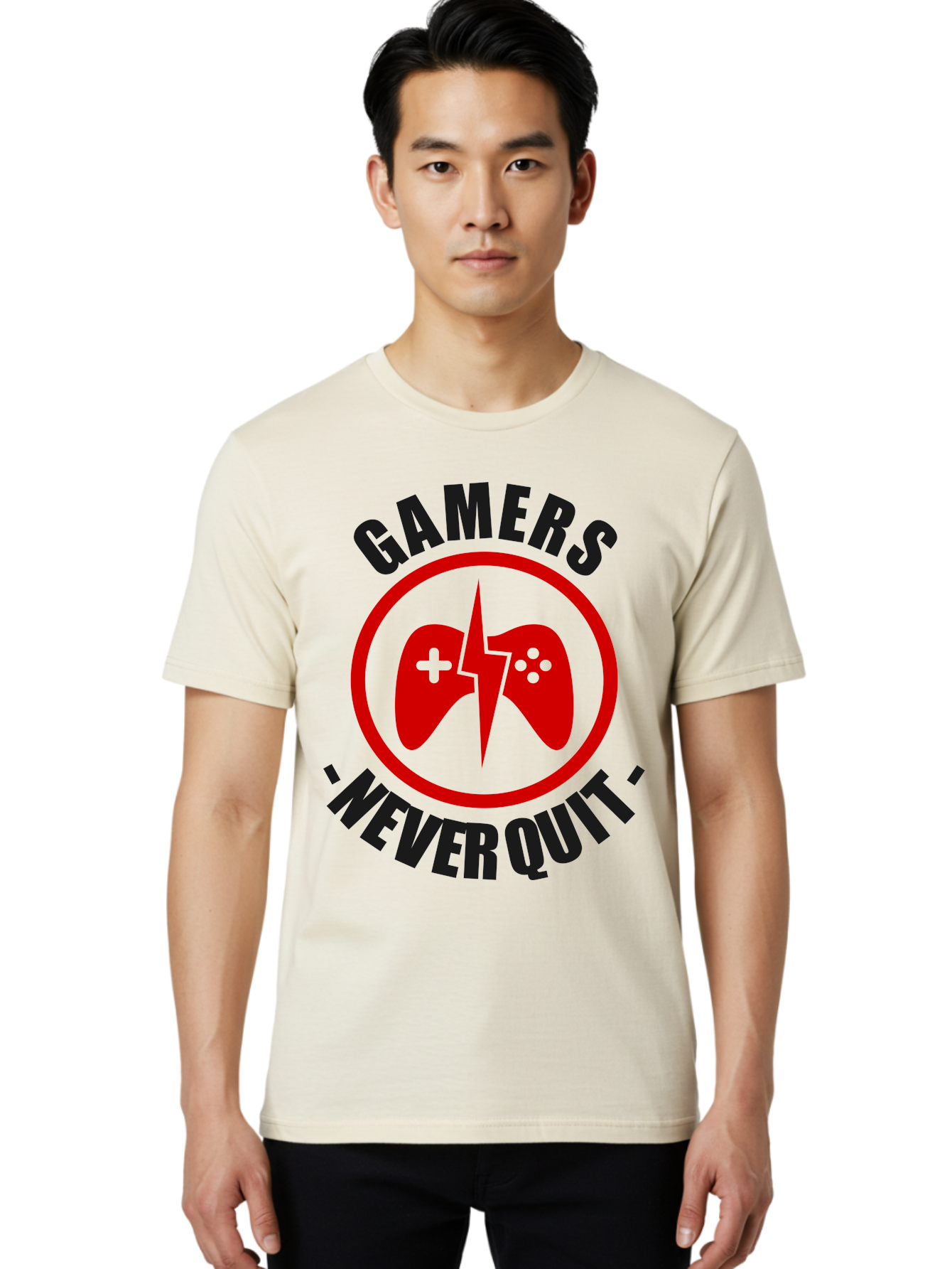 Gamers-Never-Quit Men'S Graphic Tee, 100% Cotton, Comfortable Casual Summer Wear, Machine Washable, Gaming Logo, Red Gamepad Symbol, Bold Typography, Motivational Quote, Never Quit Attitude, Gaming Culture, Gamer Spirit - Aaa638 2