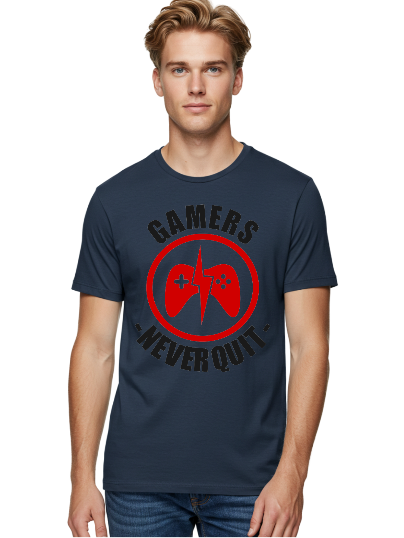 Gamers-Never-Quit Men'S Graphic Tee, 100% Cotton, Comfortable Casual Summer Wear, Machine Washable, Gaming Logo, Red Gamepad Symbol, Bold Typography, Motivational Quote, Never Quit Attitude, Gaming Culture, Gamer Spirit - Aaa638 10