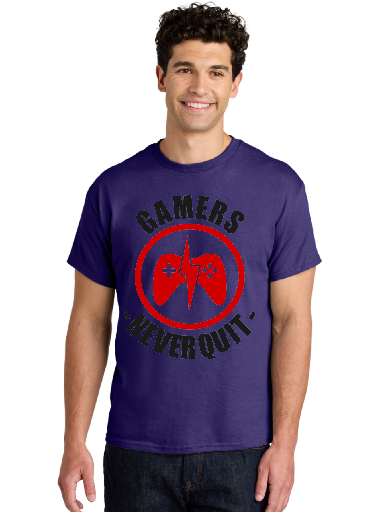 Gamers-Never-Quit Men'S Graphic Tee, 100% Cotton, Comfortable Casual Summer Wear, Machine Washable, Gaming Logo, Red Gamepad Symbol, Bold Typography, Motivational Quote, Never Quit Attitude, Gaming Culture, Gamer Spirit - Aaa638 8