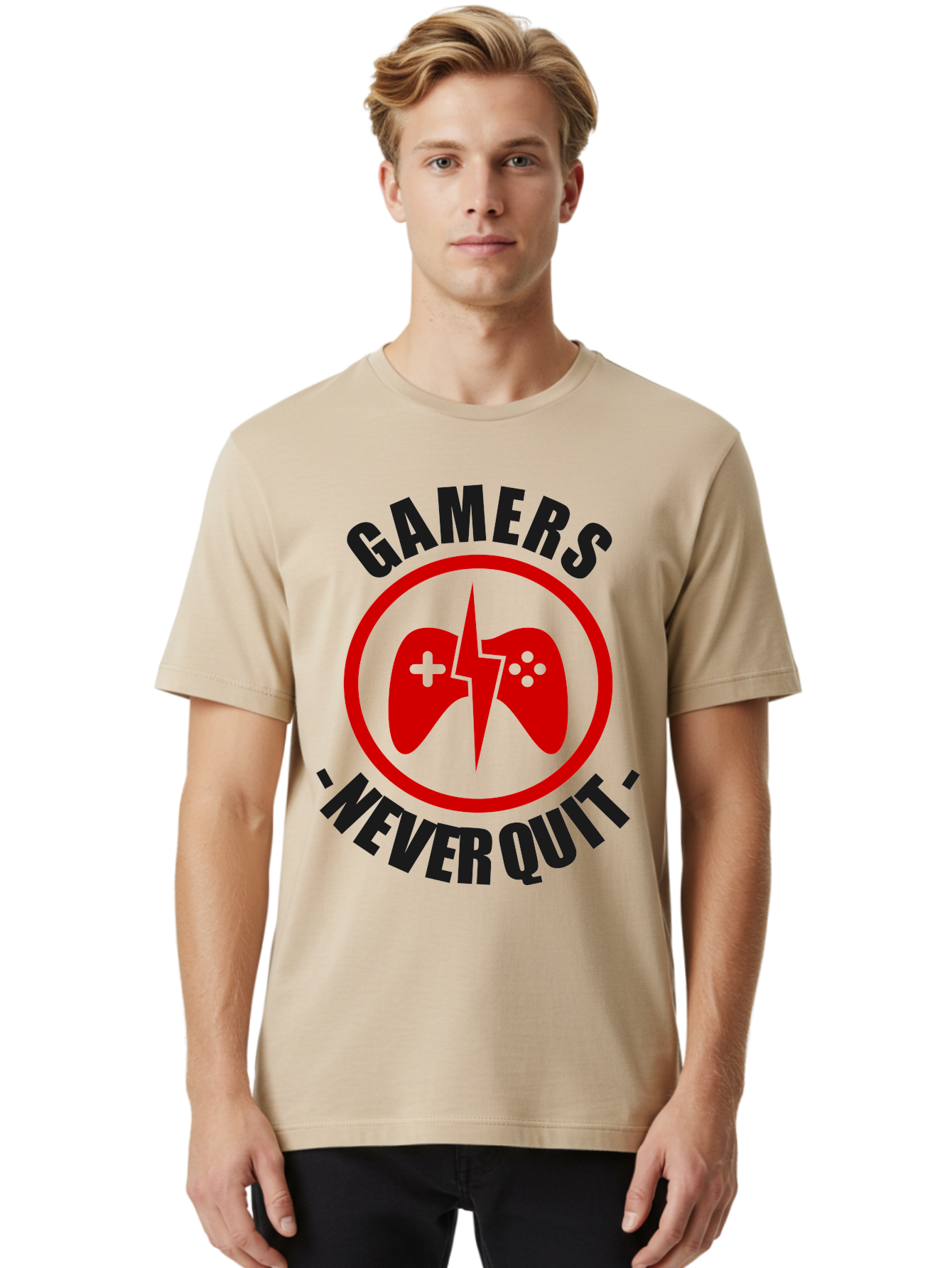Gamers-Never-Quit Men'S Graphic Tee, 100% Cotton, Comfortable Casual Summer Wear, Machine Washable, Gaming Logo, Red Gamepad Symbol, Bold Typography, Motivational Quote, Never Quit Attitude, Gaming Culture, Gamer Spirit - Aaa638 6