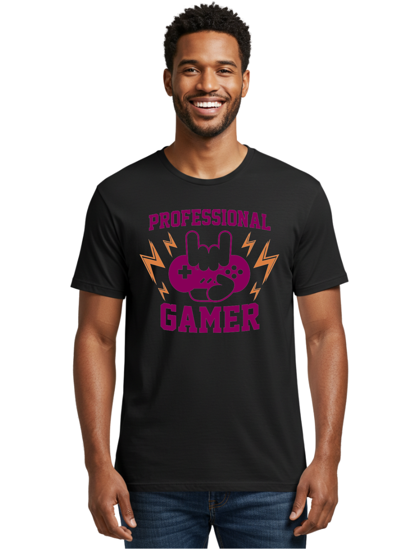 Professional-Gamer Men'S Graphic Tee, 100% Cotton, Comfortable Casual Summer Wear, Machine Washable, Professional Gamer, Gaming Logo, Video Game Controller, Rock On Hand Sign, Esports Branding, Gaming Culture, Purple And Green Graphics, - Aaa658 8