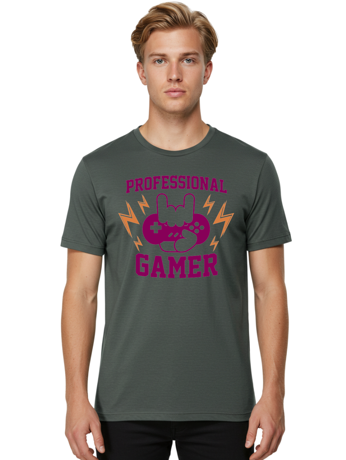 Professional-Gamer Men'S Graphic Tee, 100% Cotton, Comfortable Casual Summer Wear, Machine Washable, Professional Gamer, Gaming Logo, Video Game Controller, Rock On Hand Sign, Esports Branding, Gaming Culture, Purple And Green Graphics, - Aaa658 10
