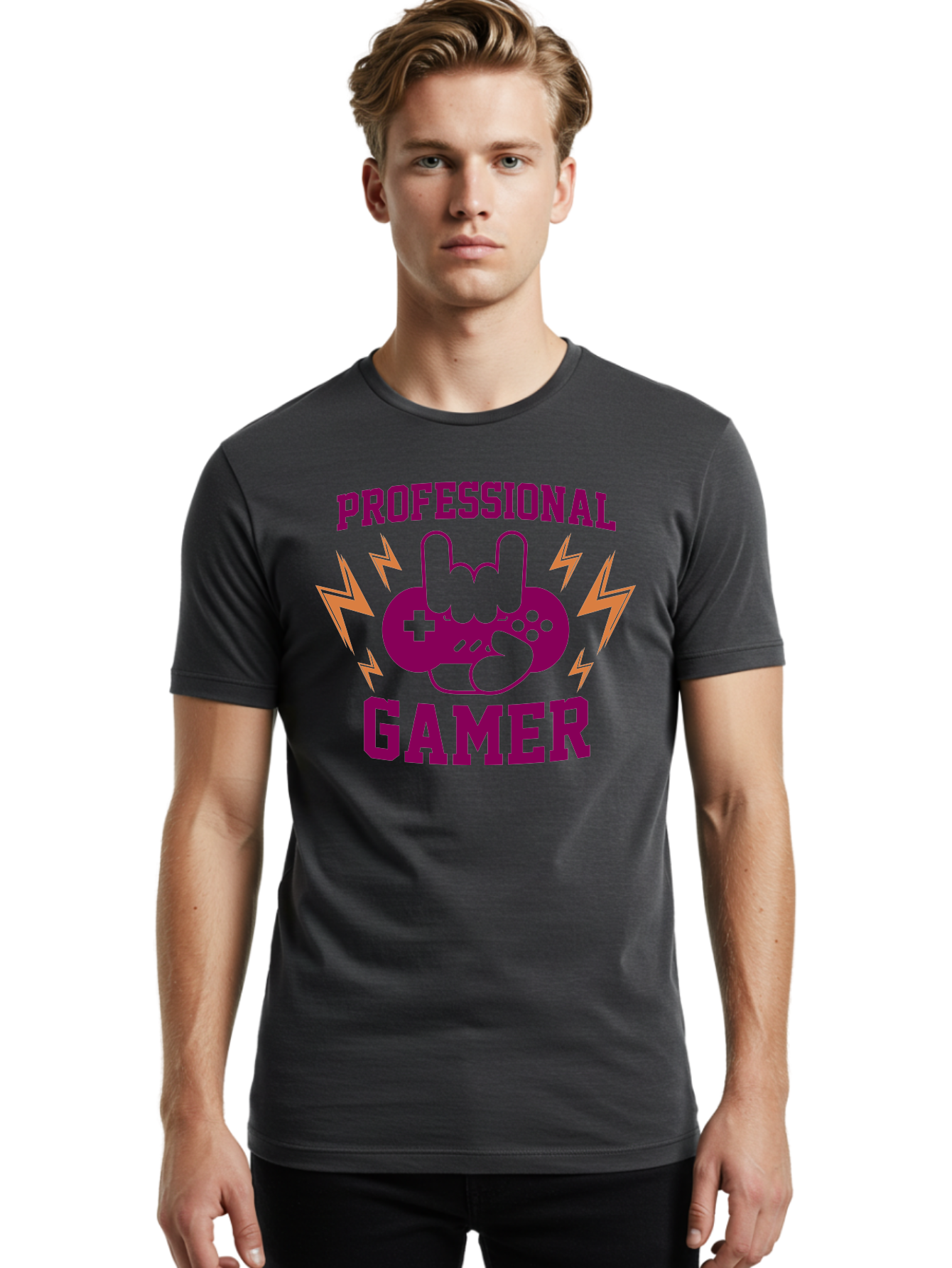Professional-Gamer Men'S Graphic Tee, 100% Cotton, Comfortable Casual Summer Wear, Machine Washable, Professional Gamer, Gaming Logo, Video Game Controller, Rock On Hand Sign, Esports Branding, Gaming Culture, Purple And Green Graphics, - Aaa658 22