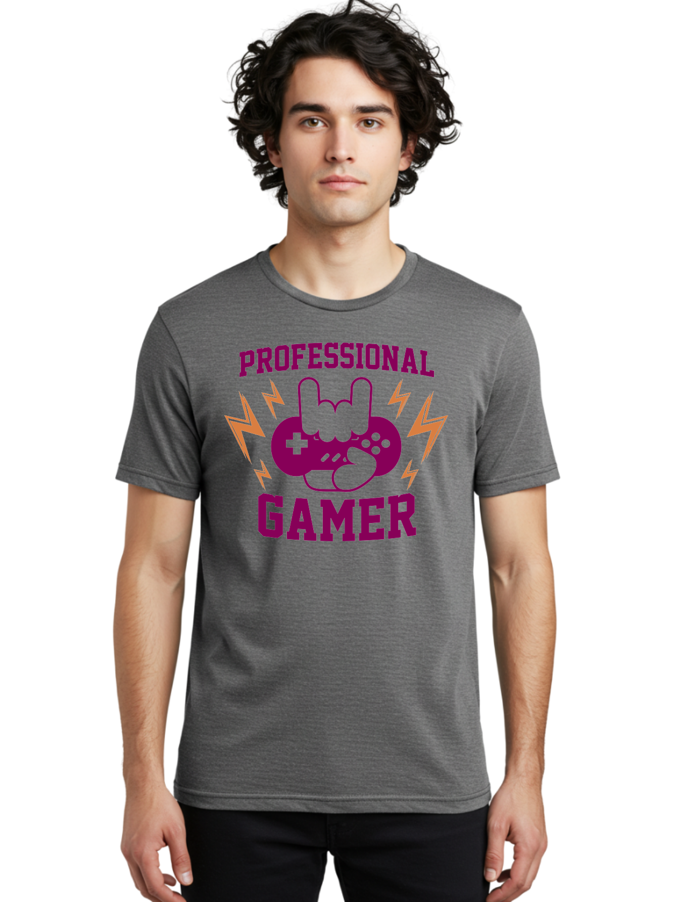 Professional-Gamer Men'S Graphic Tee, 100% Cotton, Comfortable Casual Summer Wear, Machine Washable, Professional Gamer, Gaming Logo, Video Game Controller, Rock On Hand Sign, Esports Branding, Gaming Culture, Purple And Green Graphics, - Aaa658 4