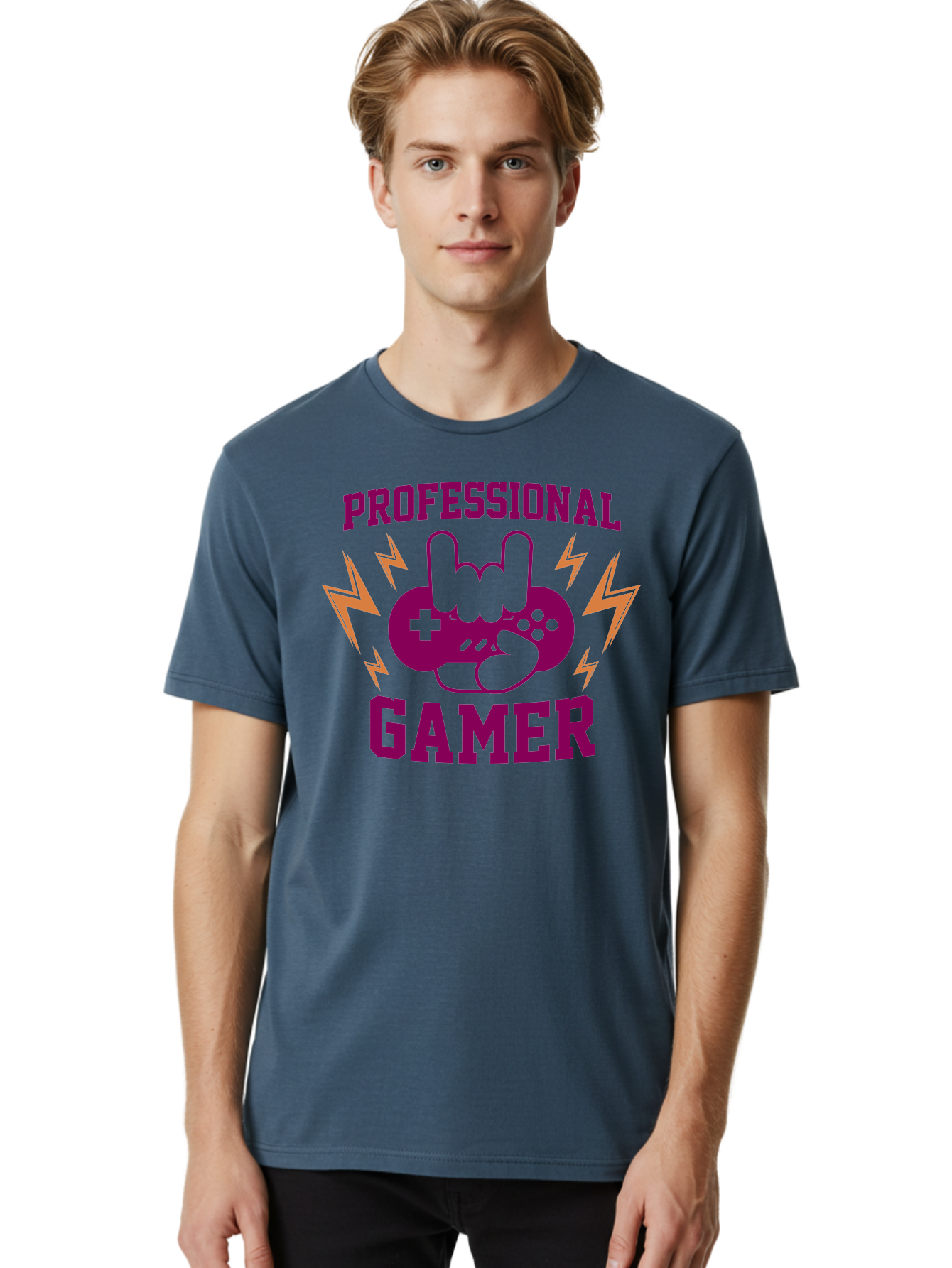 Professional-Gamer Men'S Graphic Tee, 100% Cotton, Comfortable Casual Summer Wear, Machine Washable, Professional Gamer, Gaming Logo, Video Game Controller, Rock On Hand Sign, Esports Branding, Gaming Culture, Purple And Green Graphics, - Aaa658 12