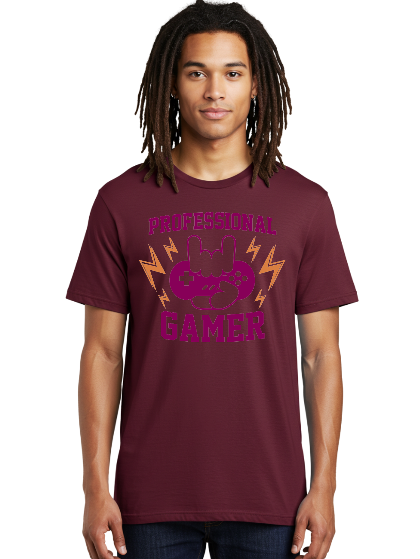 Professional-Gamer Men'S Graphic Tee, 100% Cotton, Comfortable Casual Summer Wear, Machine Washable, Professional Gamer, Gaming Logo, Video Game Controller, Rock On Hand Sign, Esports Branding, Gaming Culture, Purple And Green Graphics, - Aaa658 18