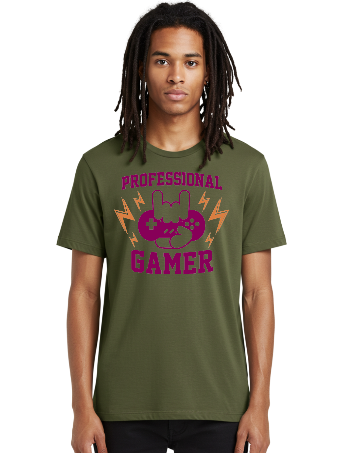 Professional-Gamer Men'S Graphic Tee, 100% Cotton, Comfortable Casual Summer Wear, Machine Washable, Professional Gamer, Gaming Logo, Video Game Controller, Rock On Hand Sign, Esports Branding, Gaming Culture, Purple And Green Graphics, - Aaa658 14