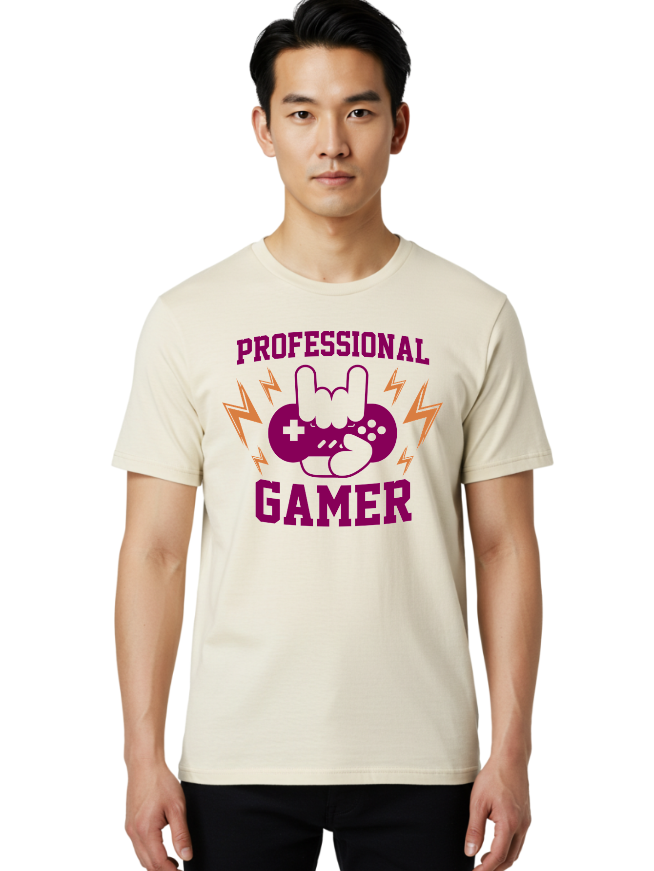 Professional-Gamer Men'S Graphic Tee, 100% Cotton, Comfortable Casual Summer Wear, Machine Washable, Professional Gamer, Gaming Logo, Video Game Controller, Rock On Hand Sign, Esports Branding, Gaming Culture, Purple And Green Graphics, - Aaa658 28