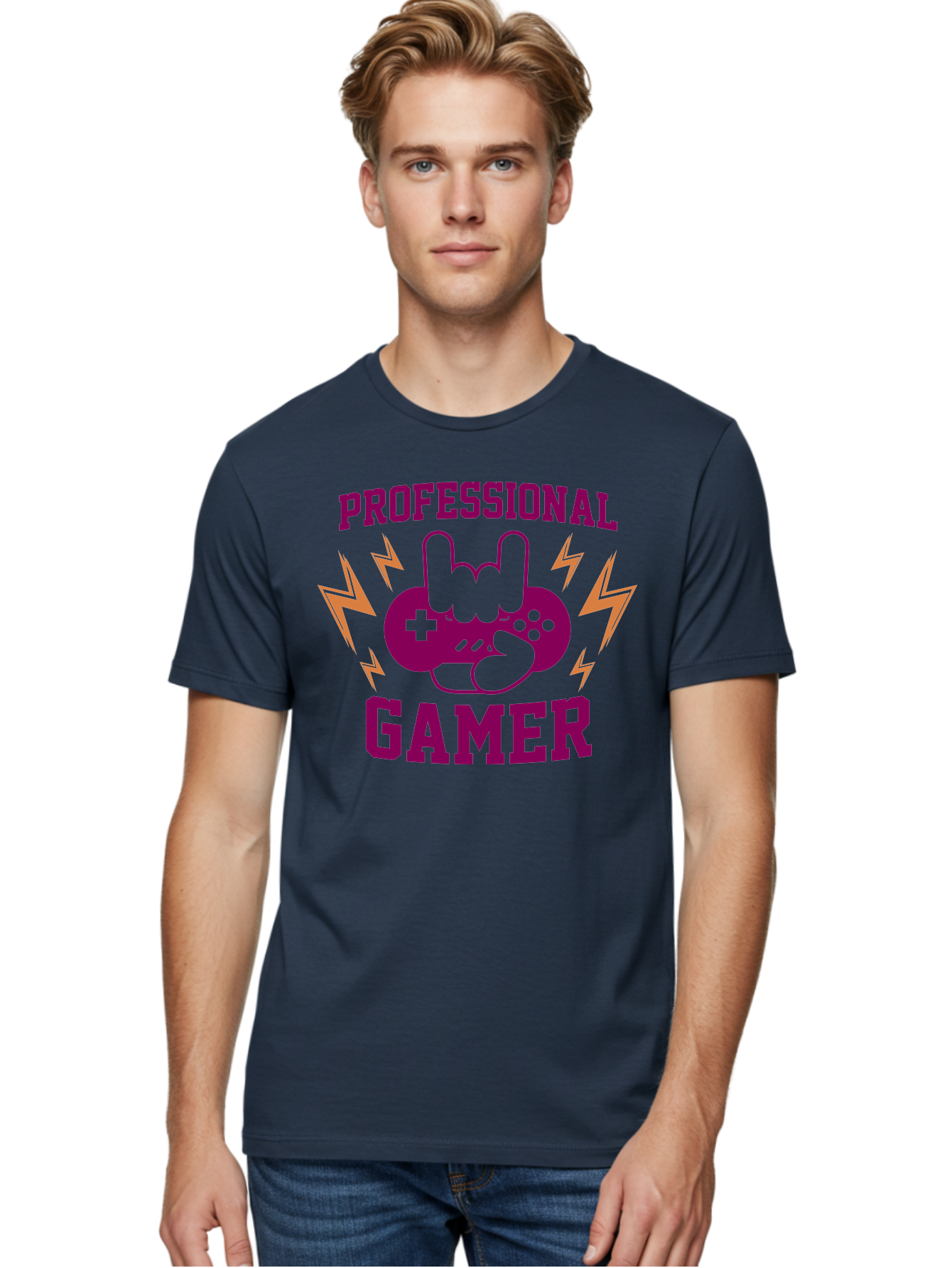 Professional-Gamer Men'S Graphic Tee, 100% Cotton, Comfortable Casual Summer Wear, Machine Washable, Professional Gamer, Gaming Logo, Video Game Controller, Rock On Hand Sign, Esports Branding, Gaming Culture, Purple And Green Graphics, - Aaa658 24